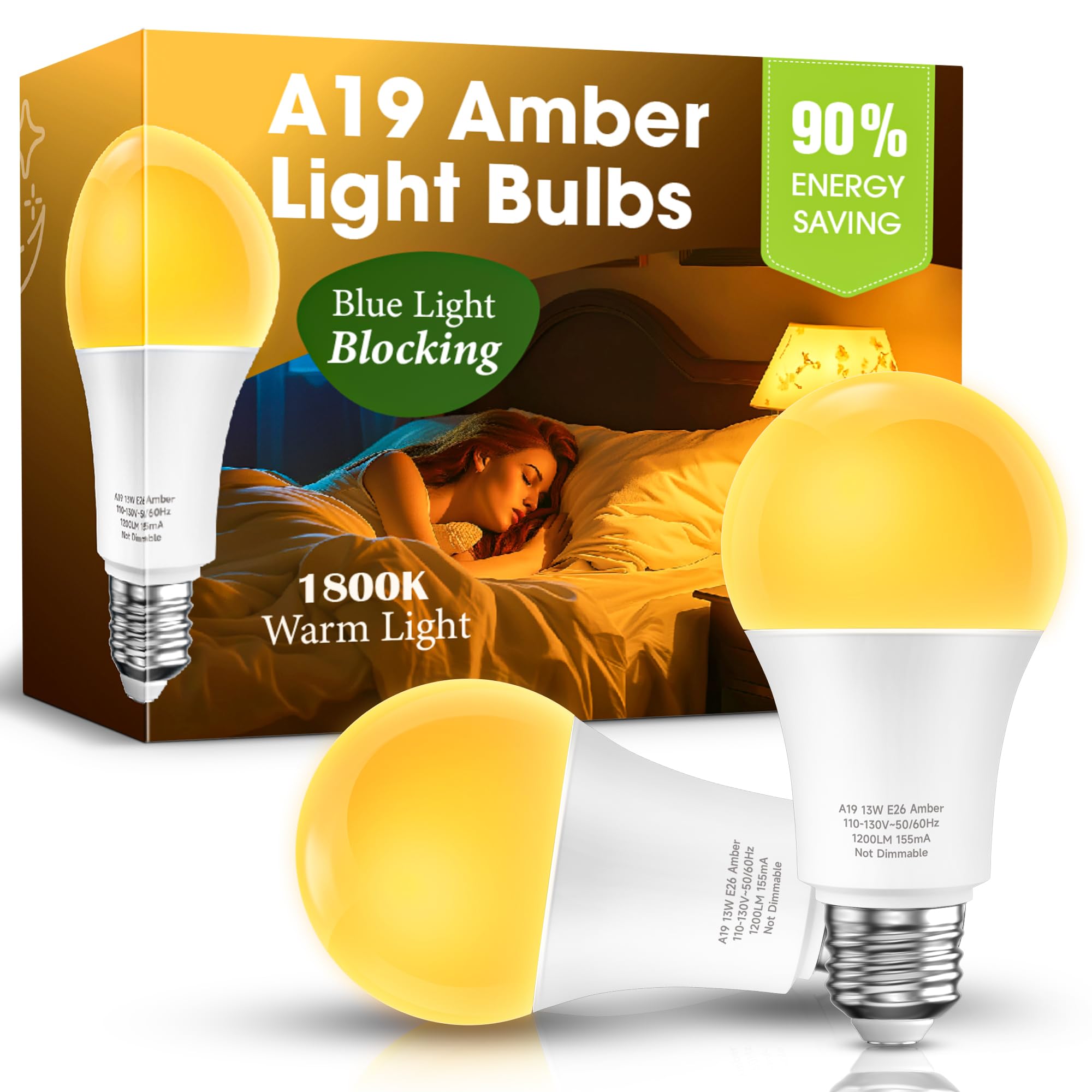 Eastiya Sleep Light Bulb 100 Watt Equivalent 13W  Blue Light Blocking  1800K Amber Color Light Bulbs  A19 Warm Light Bulb for Healthy Sleep and Baby Nursery Kids Bedroom  2 Pack