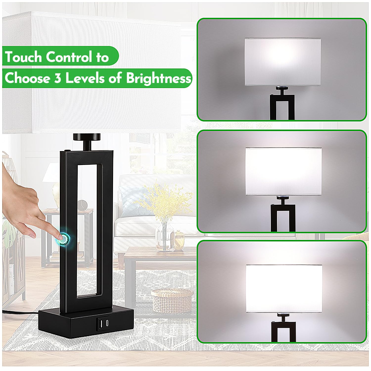 MoMyofdy Set of 2 Modern Table Lamps - Touch Control, 3 Way Dimmable, USB Charging, 20IN, White & Black, Model QL5166W-M