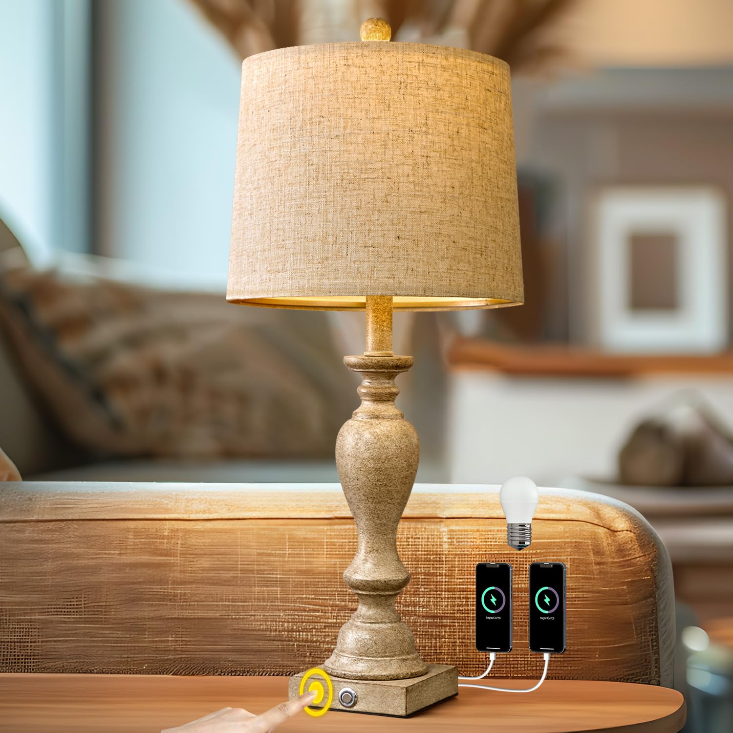 Portres 25.75'' Farmhouse 3-Way Dimmable Table Lamp Set Of 2 Touch Control Bedside Lamps Nightstand Lamps For Living Room Rustic