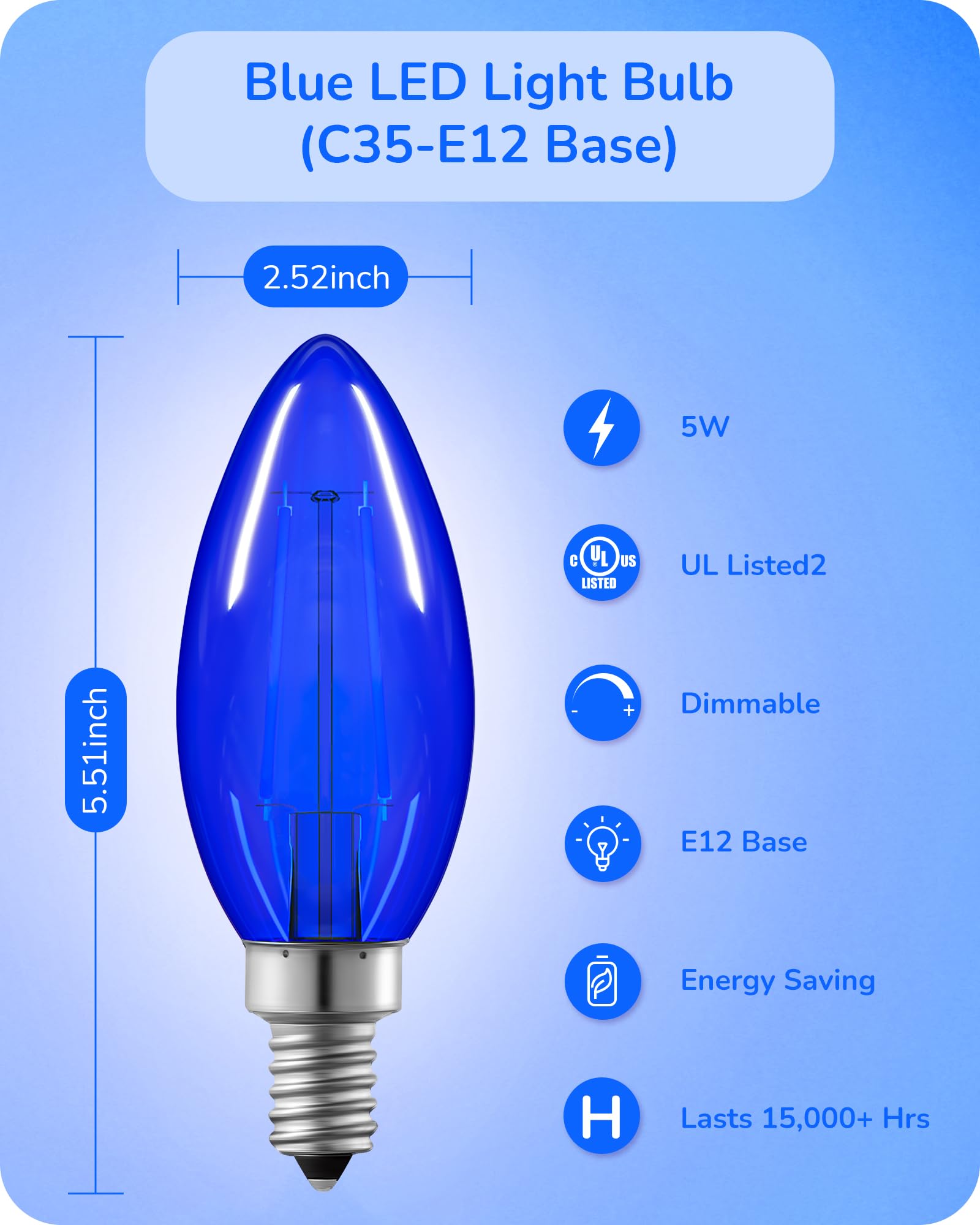 EDISHINE C35 Blue Dimmable LED Light Bulbs, 5W Equivalent to 60W, E12 Socket, Clear Glass, 6 Pack