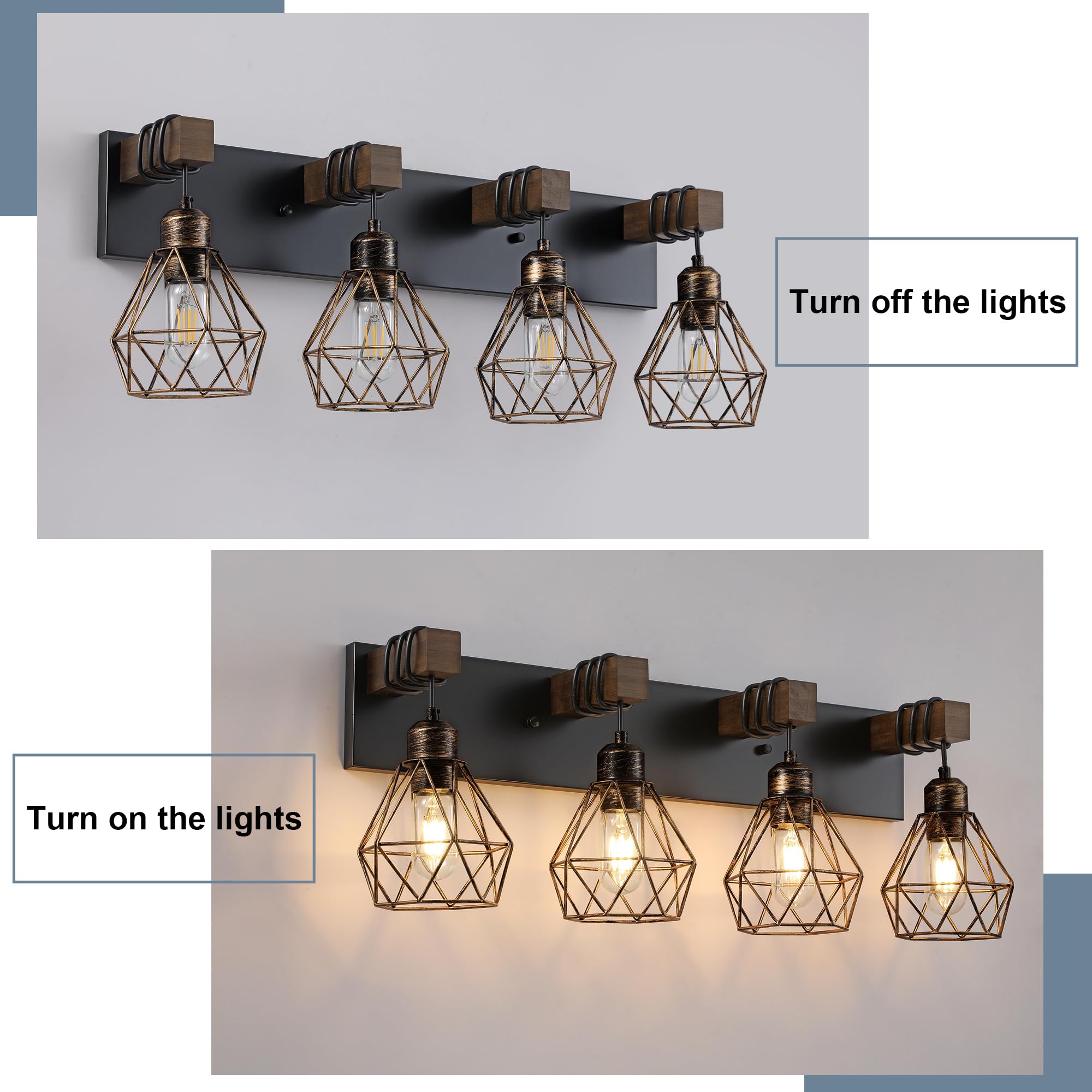 Farmhouse Bathroom Light Fixtures, 4-Light Bathroom Lighting Fixtures Over Mirror, Rustic Wood Black Gold Vanity Lights Wall Sco