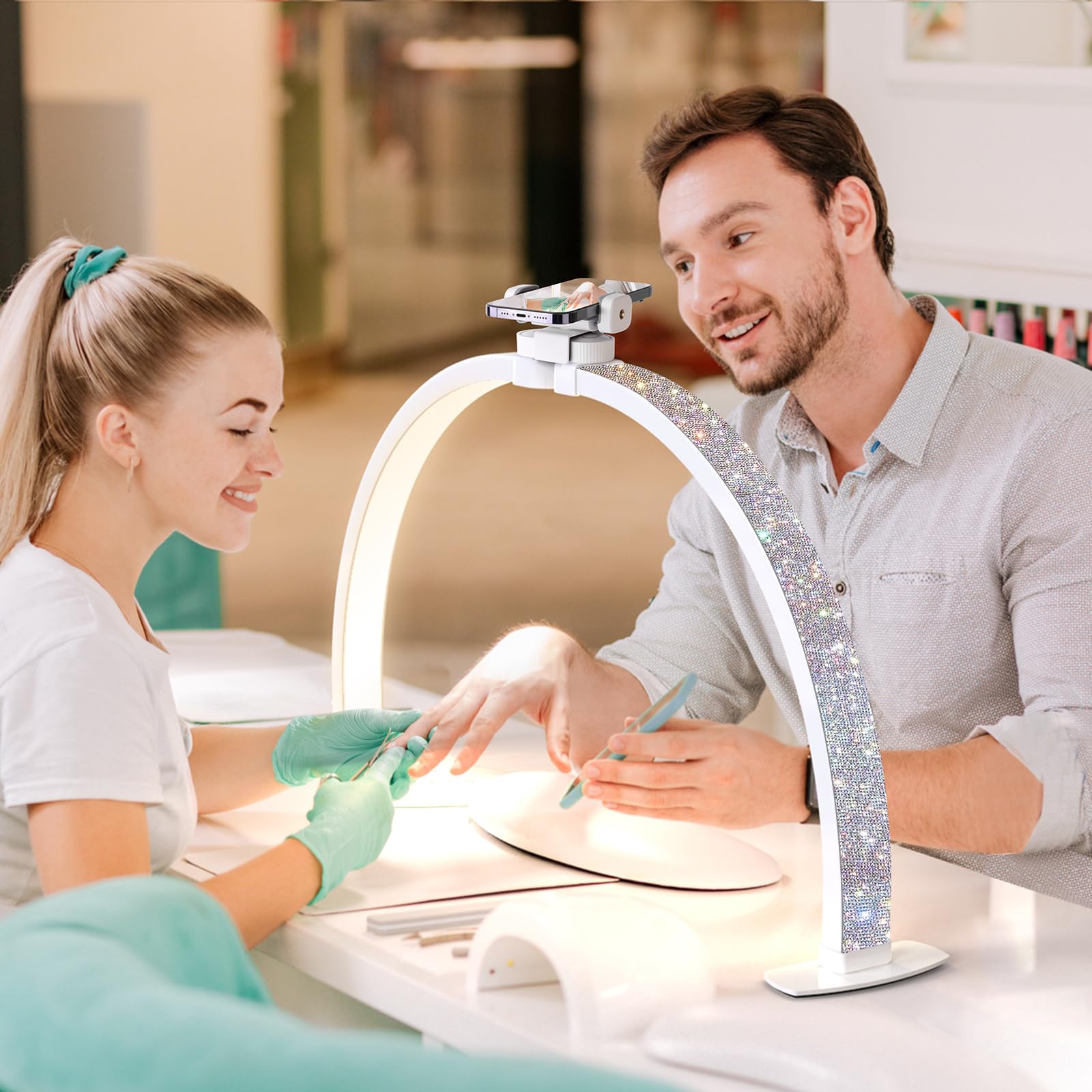 Lavinda Pro Nail Desk Lamp For Nail Techs - 3000-6000K Adjustable Half Moon Light With Phone Holder, 29In Foldable Nail Table Li