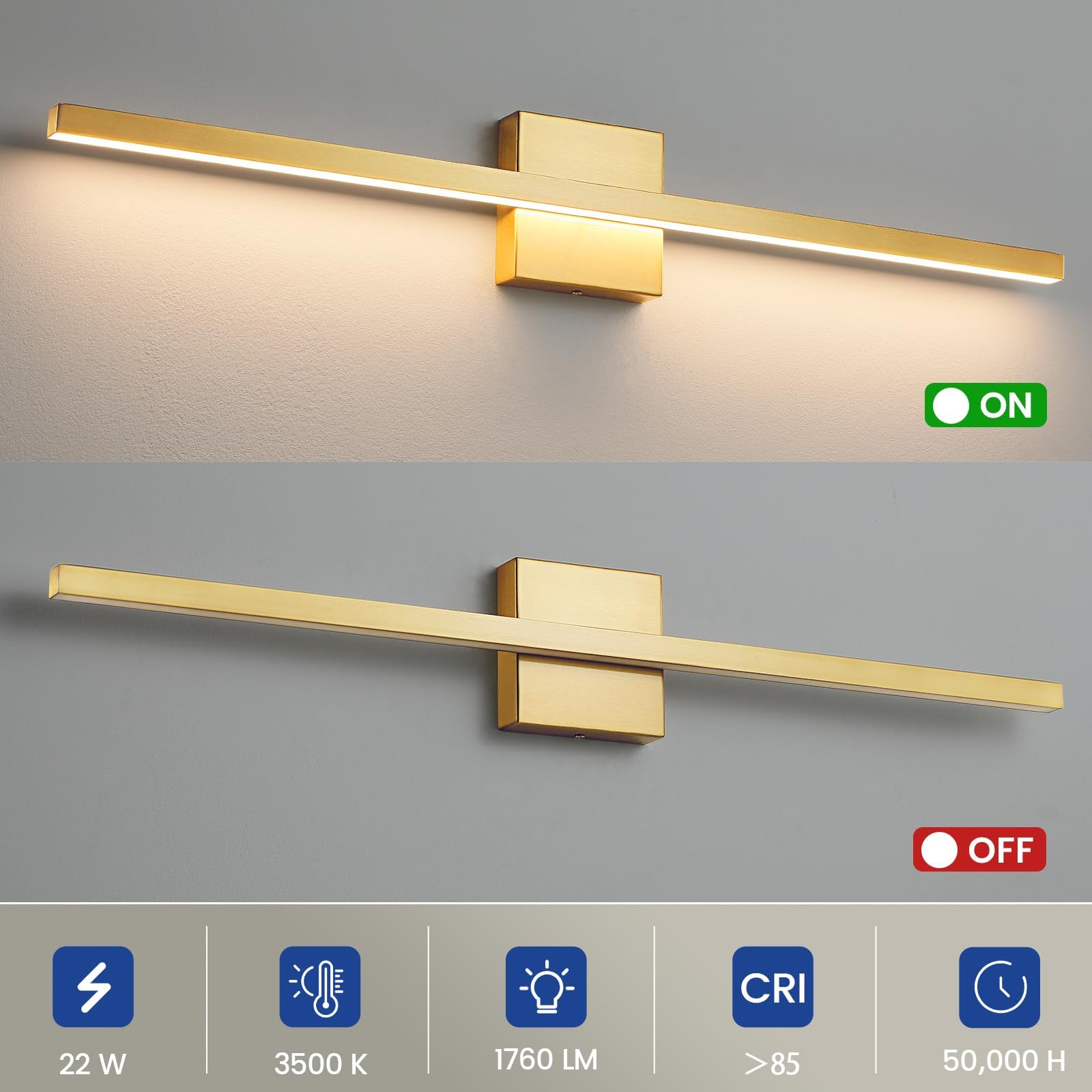 Epinl Gold Bathroom Vanity Lights - 31.5" Brushed Gold LED Wall Sconce, Dimmable, Model 8081WL-5CCT, Metal Fixture for Bathroom/Bedroom