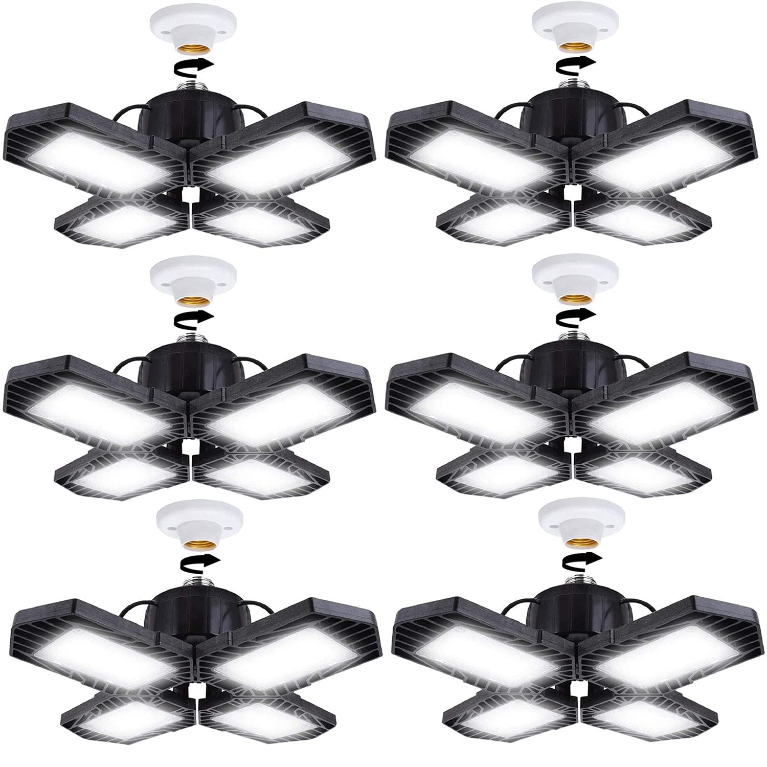 6Pack LED Garage Lights, 100W Deformable LED Lighting 10000LM E26 Daylight 6000K Super Bright Adjustable Lights for Warehouse