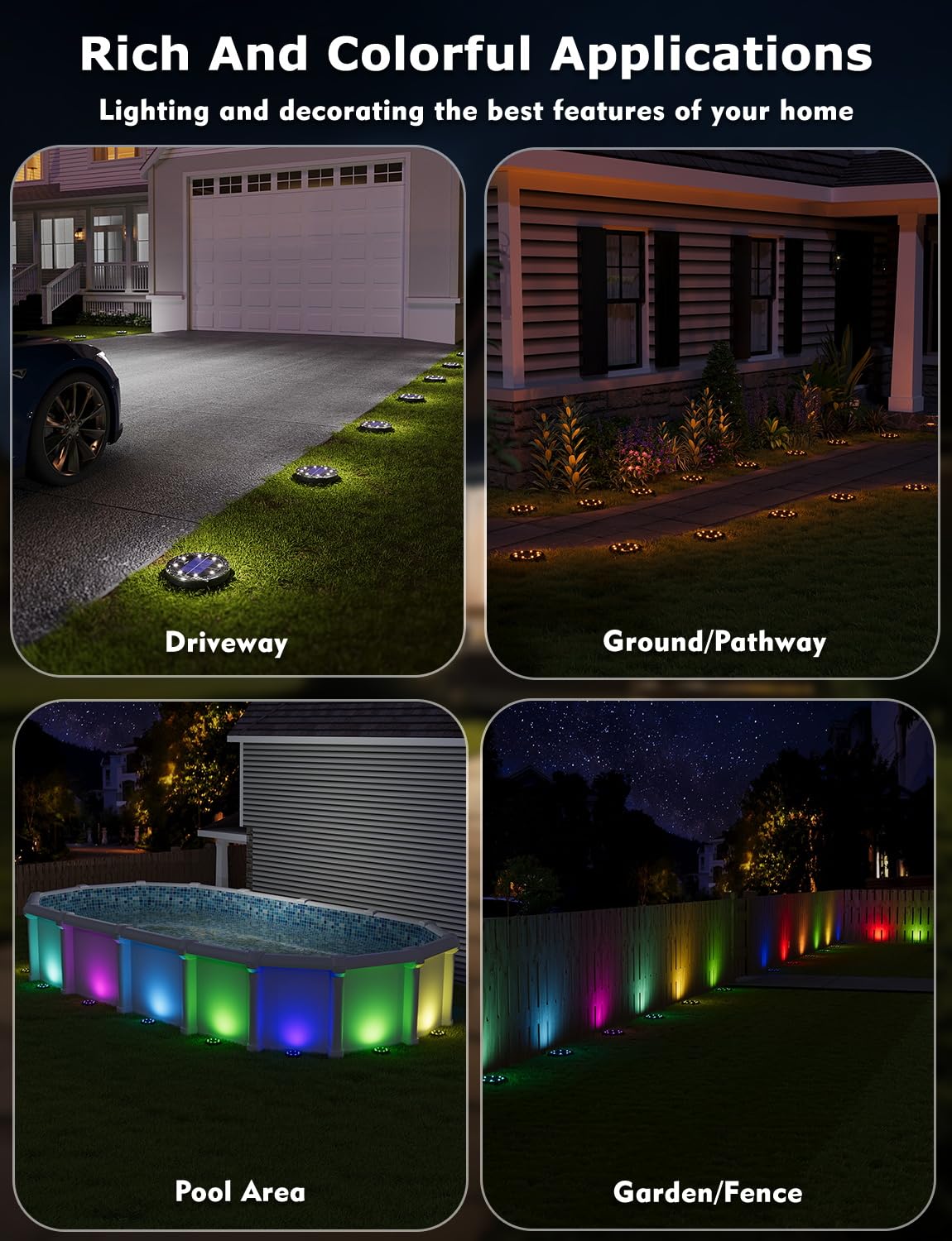 VIODAIM Color Changing Solar Ground Lights - 6 Pack with 33ft Remote Control, Waterproof, Black - Outdoor Decorative Pathway Lighting