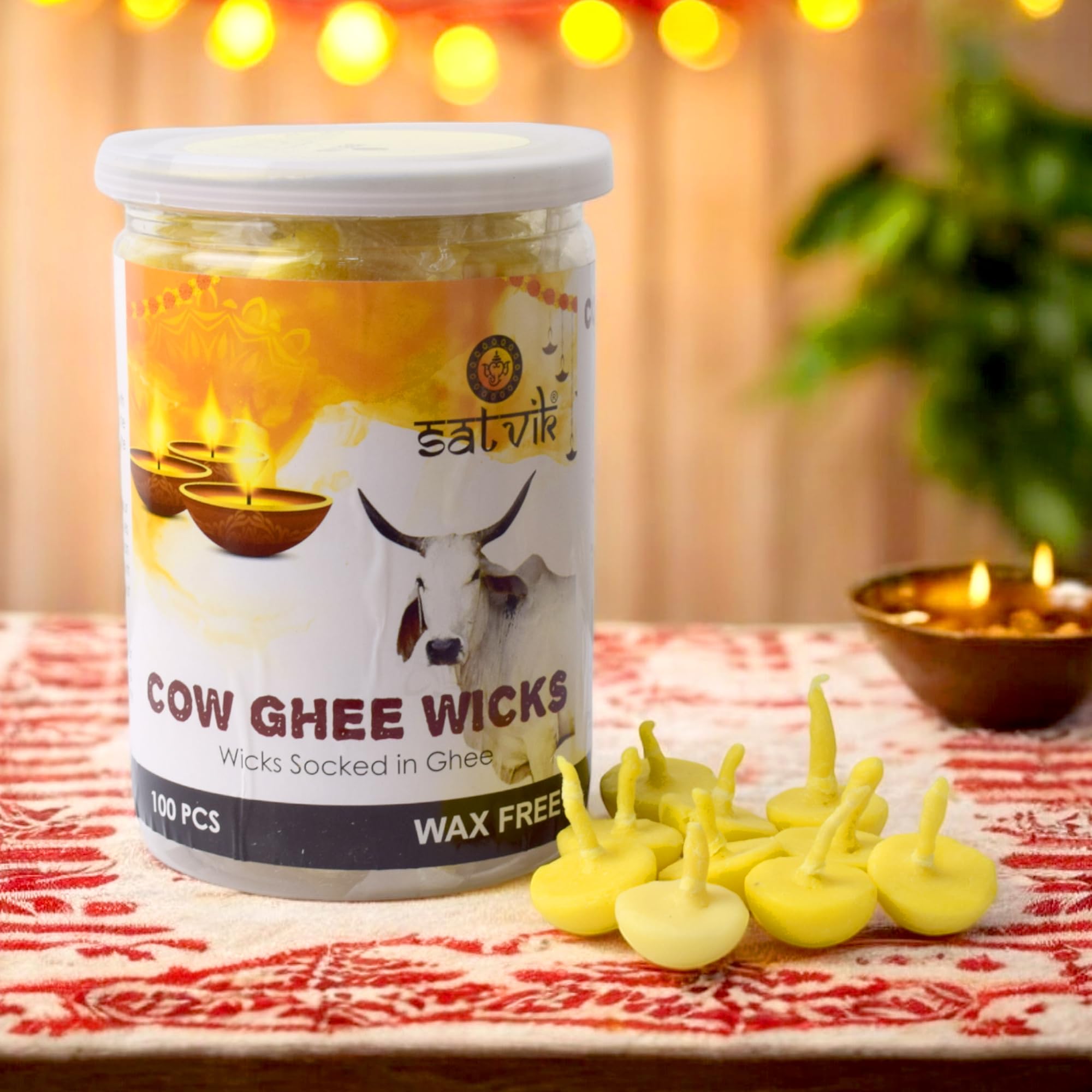 Satvik Pack Of 100 Pure Cow Ghee Wicks For Puja | Ready-To-Use Diya Batti | 30-Min Burn Time | Wax-Free Cotton Wicks | Ideal For Pooja, Meditation, Diwali, And Housewarming Gifts