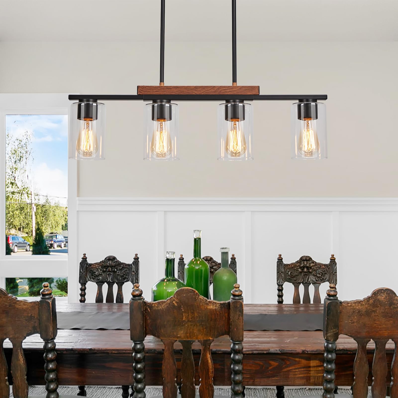 WILON 4-Light Kitchen Island Lighting Fixture, Rustic Black Chandelier with Clear Glass Shades, Model QLBD0055B
