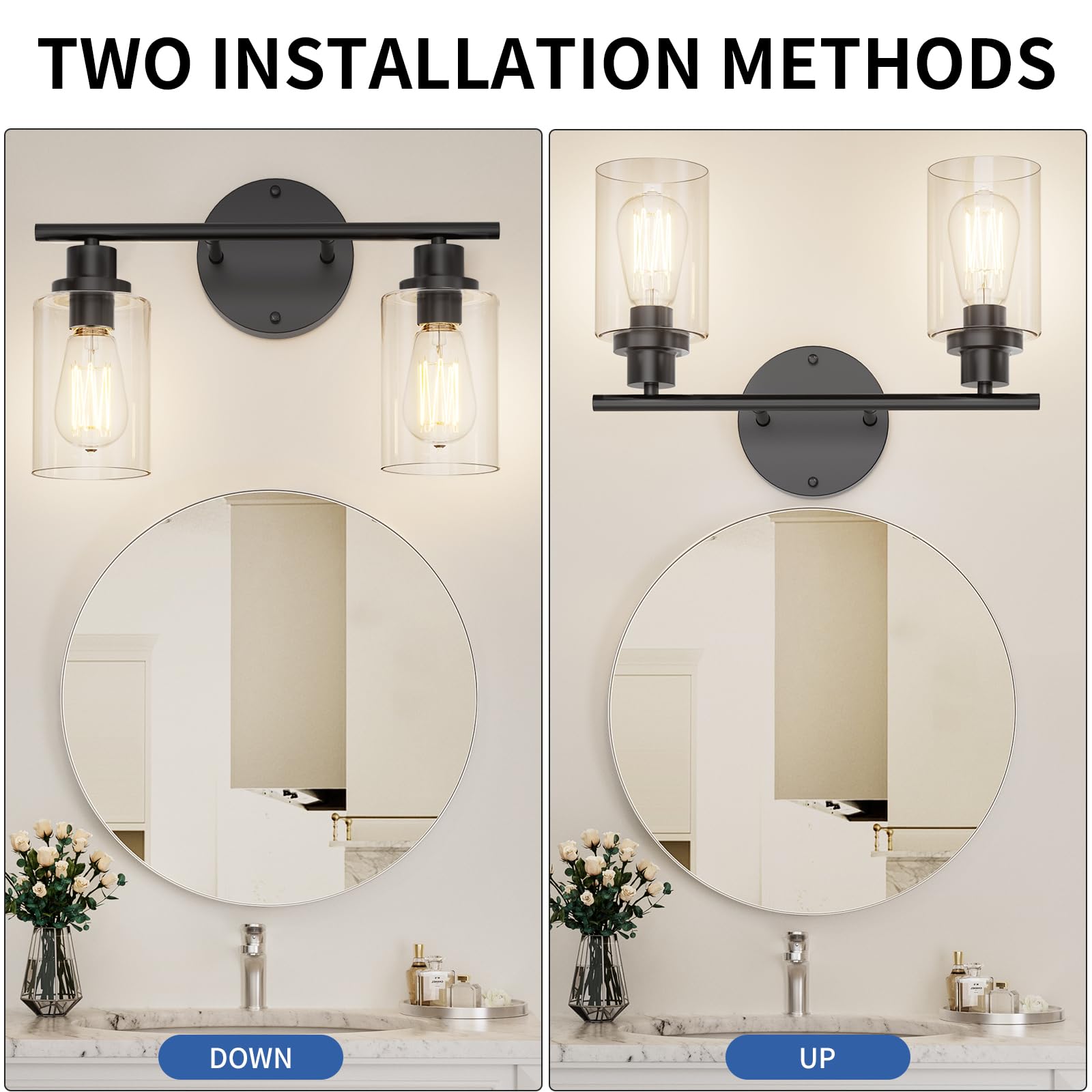 GORDNWE Modern Vanity Light - 2-Light, Matte Black, Metal, E26 Bulb Base, Model LJ-001