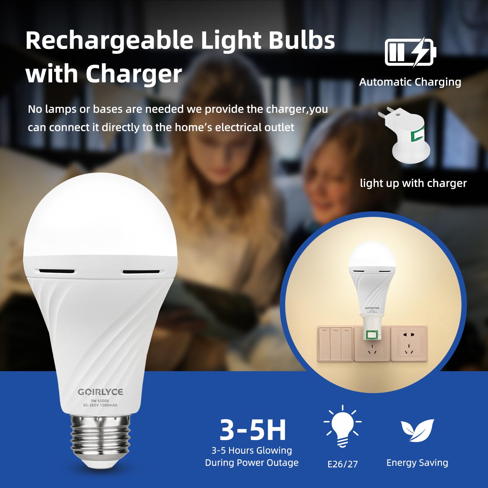 GOIRLYCE Emergency Rechargeable Light Bulbs, 9W E27, 6500K, 1500mAh, 2-Pack, White, Self-Charging LED for Home,
