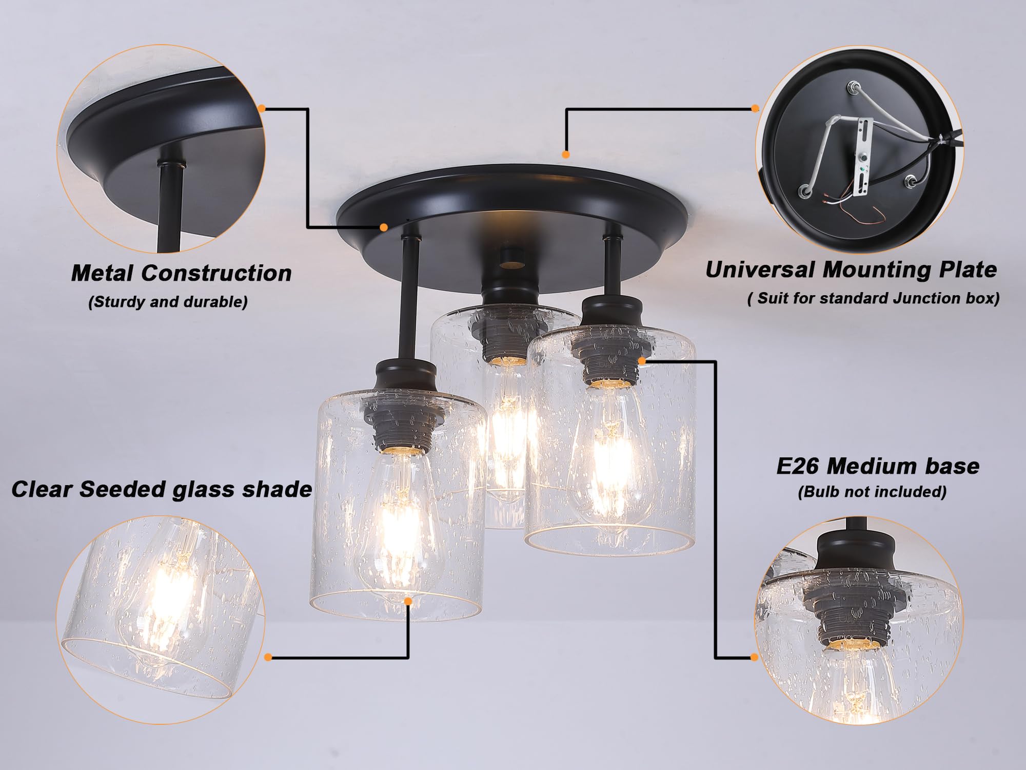 Winsmart Semi Flush Mount Ceiling Light, Matte Black Kitchen Light Fixtures Ceiling Mount With Seeded Glass Shades, 3-Light Clos