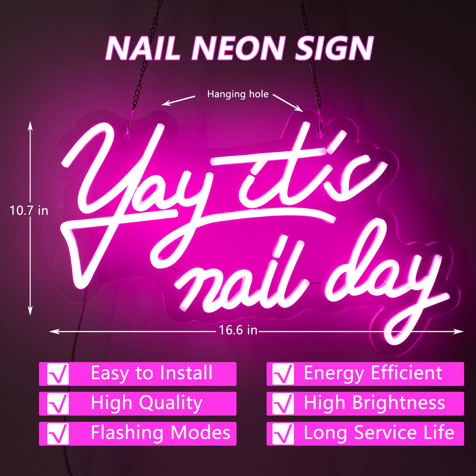 Moodlion LED Neon Sign for Wall Decor, Pink Nail Tech Decor, 16.6x10.7 IN, Model JMNH00025-NAIL, Made of Acrylonitrile Butad