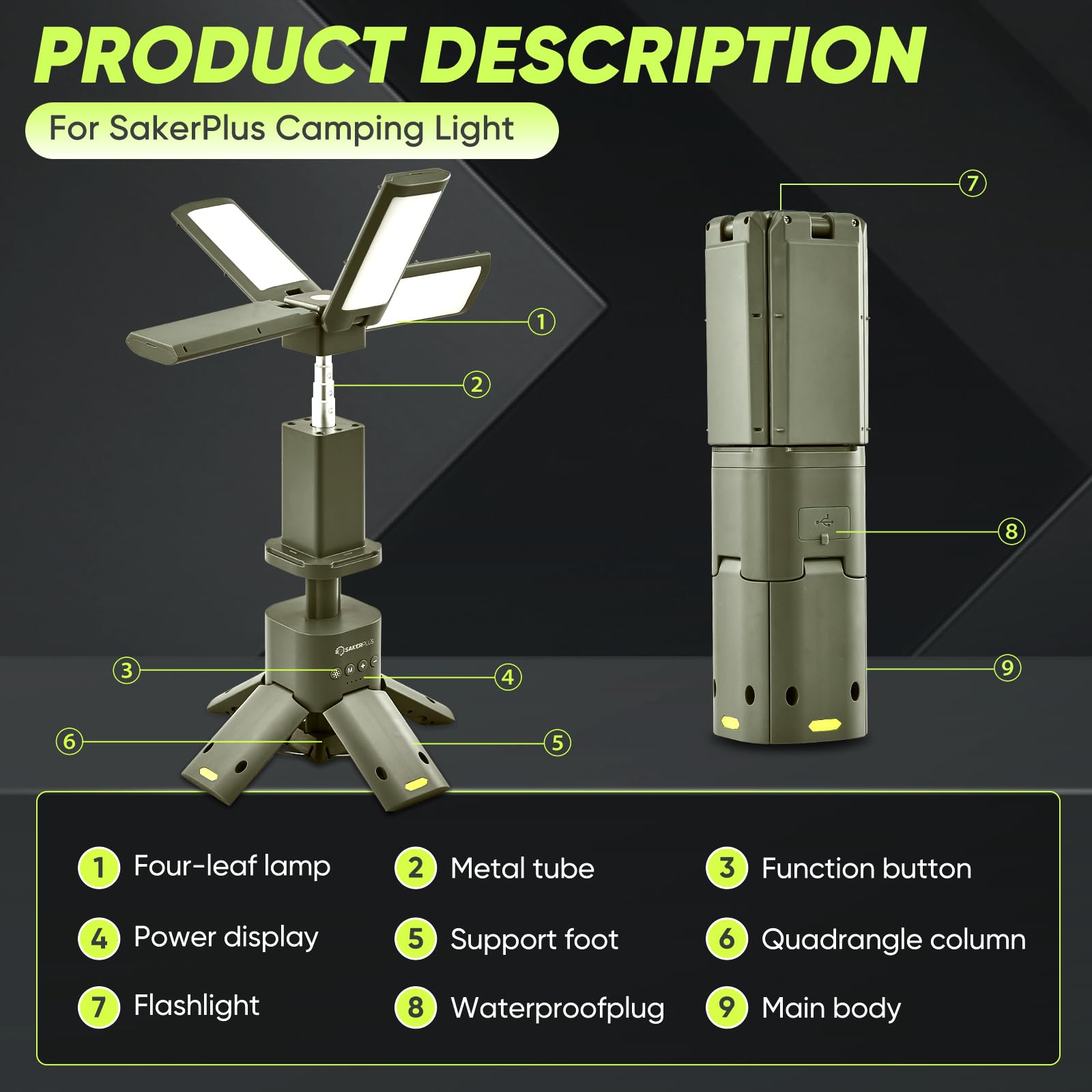 SakerPlus Portable Camping Light - 14000mAh Rechargeable Lantern, 6000 Lumen, Military Green, Model EC67392