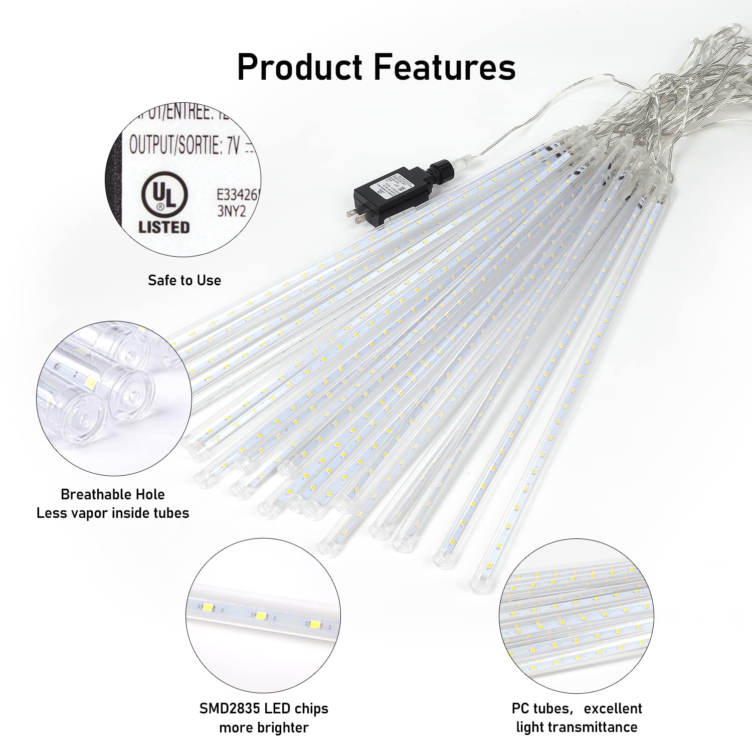 Aluan 16&quot; Warm White Meteor Shower Rain Lights, 20 Tubes 720 Leds For Outdoor Holiday Decor