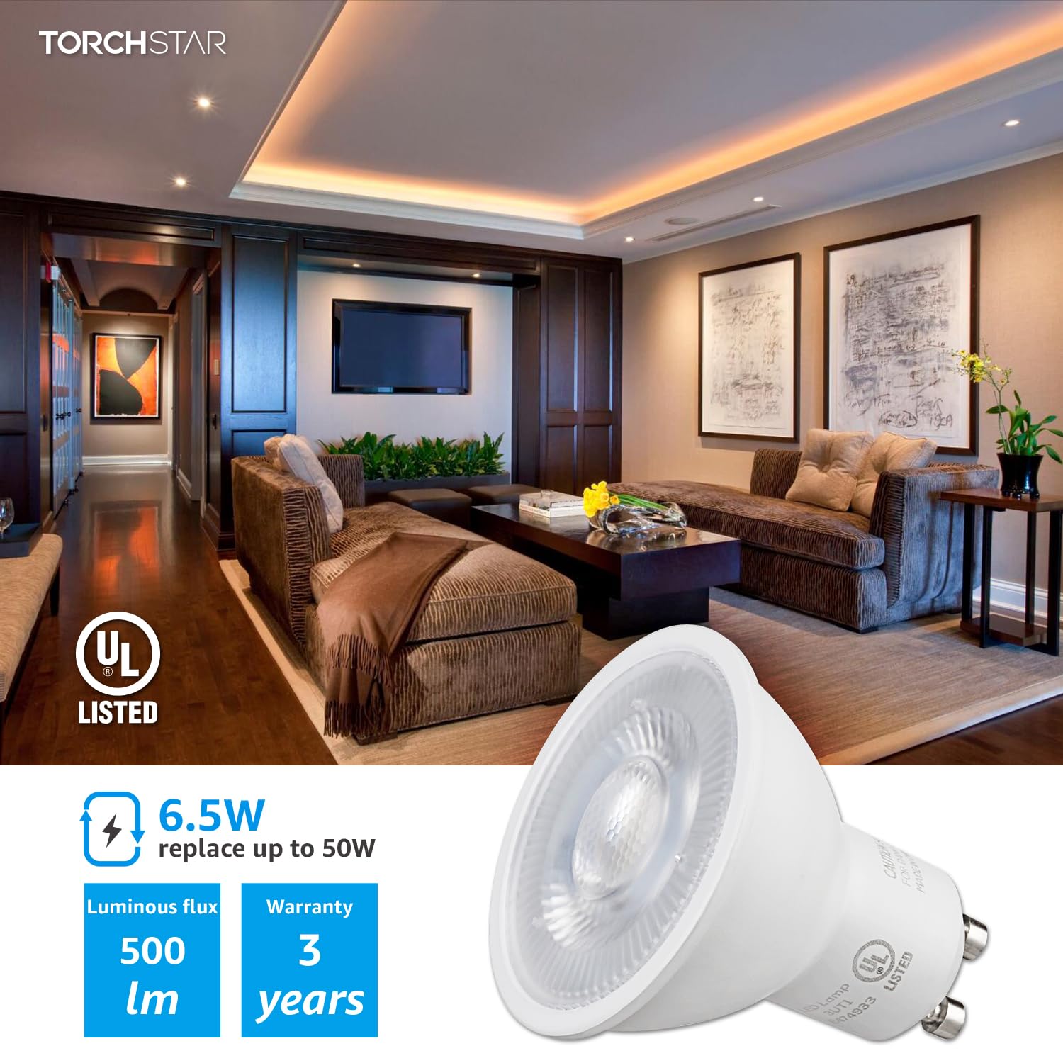 TORCHSTAR GU10 LED Bulbs Dimmable 500LM 3000K Warm White 40° Beam Angle Pack of 6, Energy Star Listed, Polycarbonate
