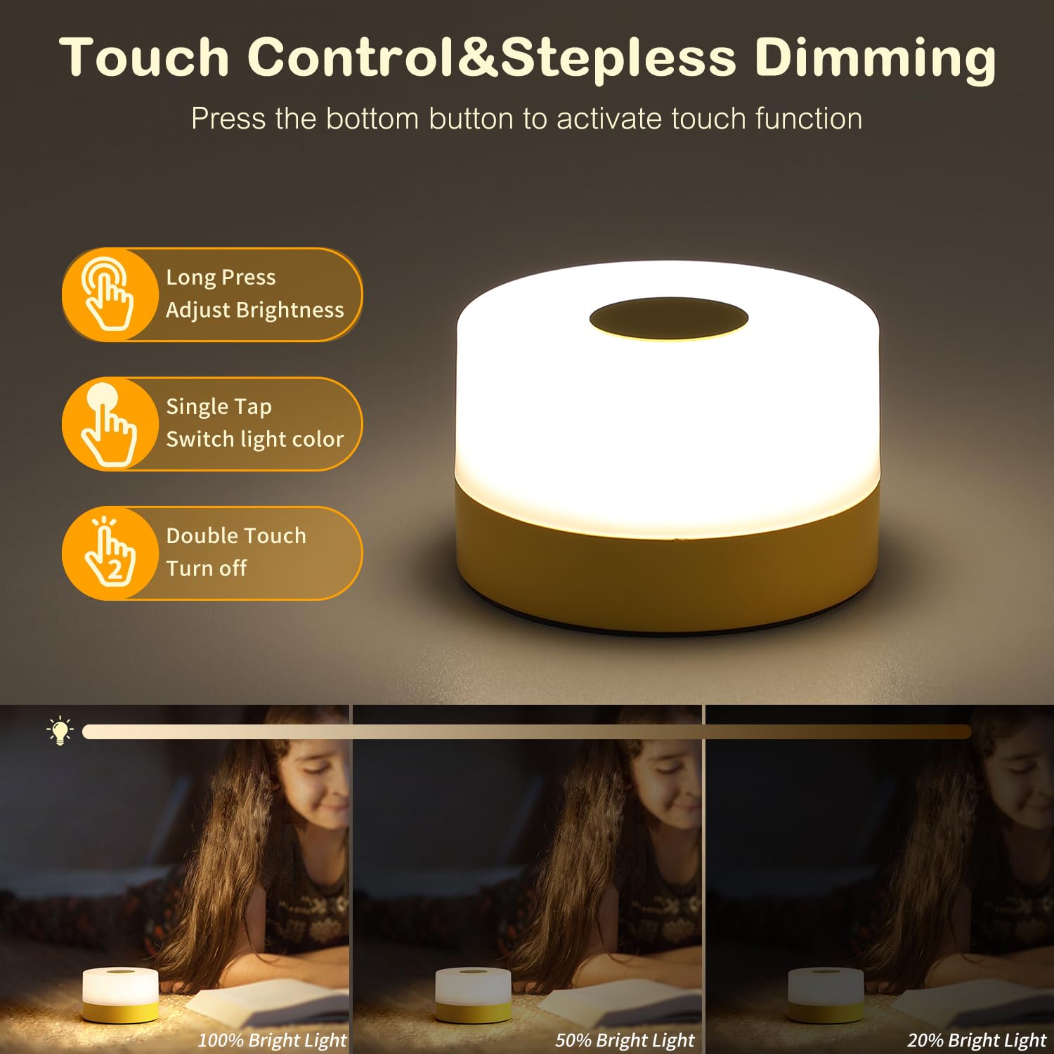 JUSHENG USB Rechargeable Touch Lamp, 3CCT Dimming Function, Portable Night Light for Baby Nursery, Bright Yellow, Model CG0025YL