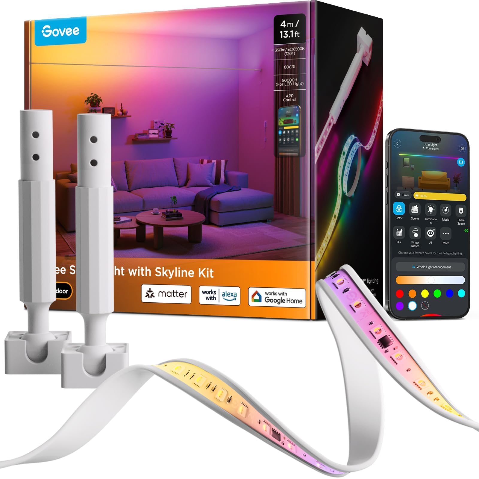 Govee Band Light with Skyline Kit  13.1ft Smart LED Band Lights Work with Alexa  Google Assistant and Matter  RGBWWIC Color Changing Light Band  LED Lights for Bedroom  Party  Home Decor