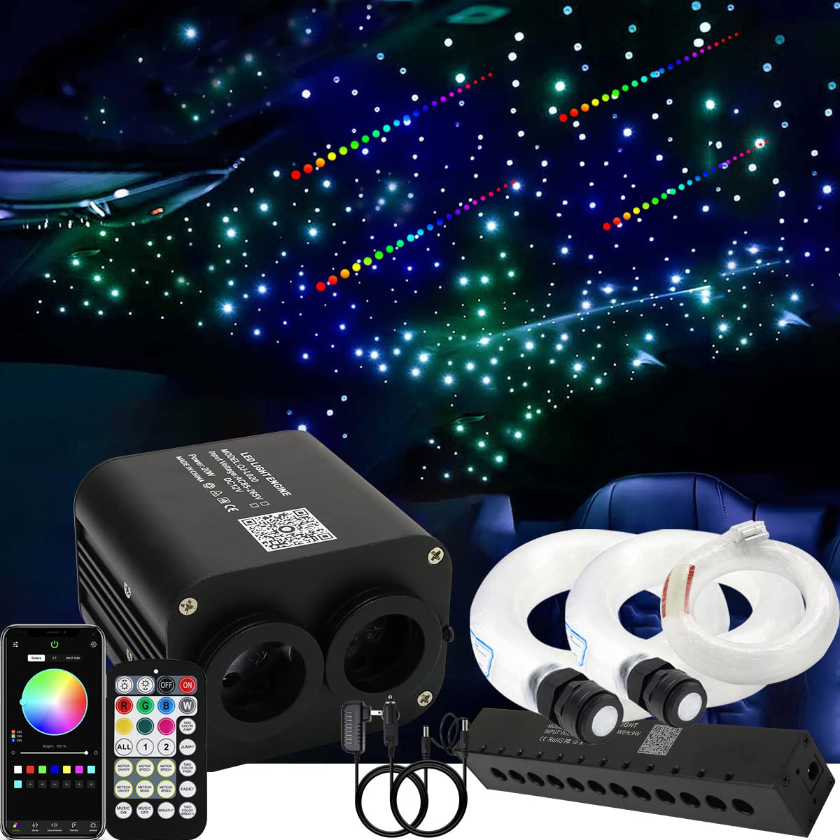 AZIMOM Dual Color Twinkle Fiber Optic Starlight Headliner Kit, 900pcs 0.03in 9.8ft, RGB, Model DUALCOLOR-888, Black