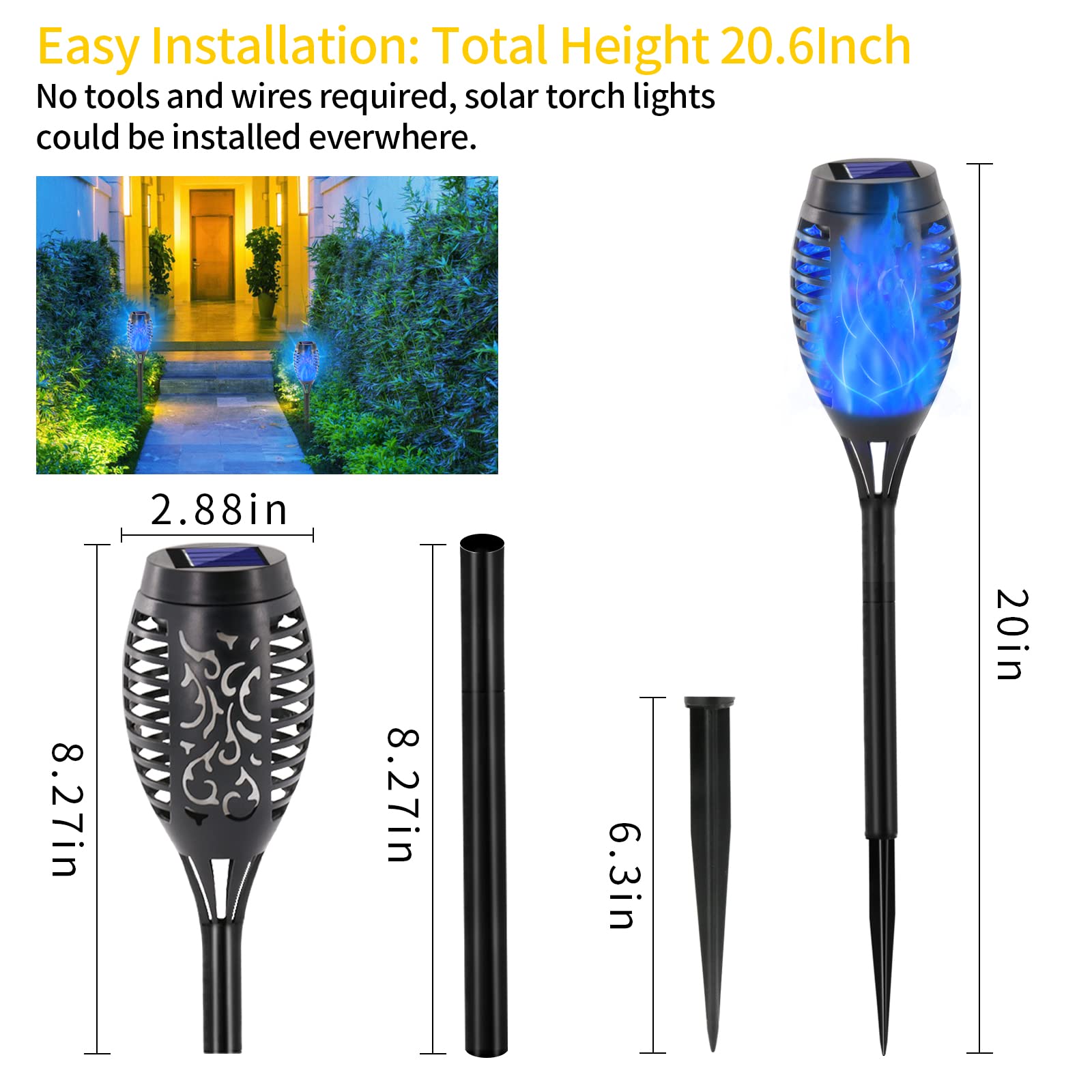 Eoyizw Solar Lights Outdoor, 8 Pack Blue Solar Torch Light With Flickering Flame, 12 Led Solar Tiki Torches For Outside Lights W