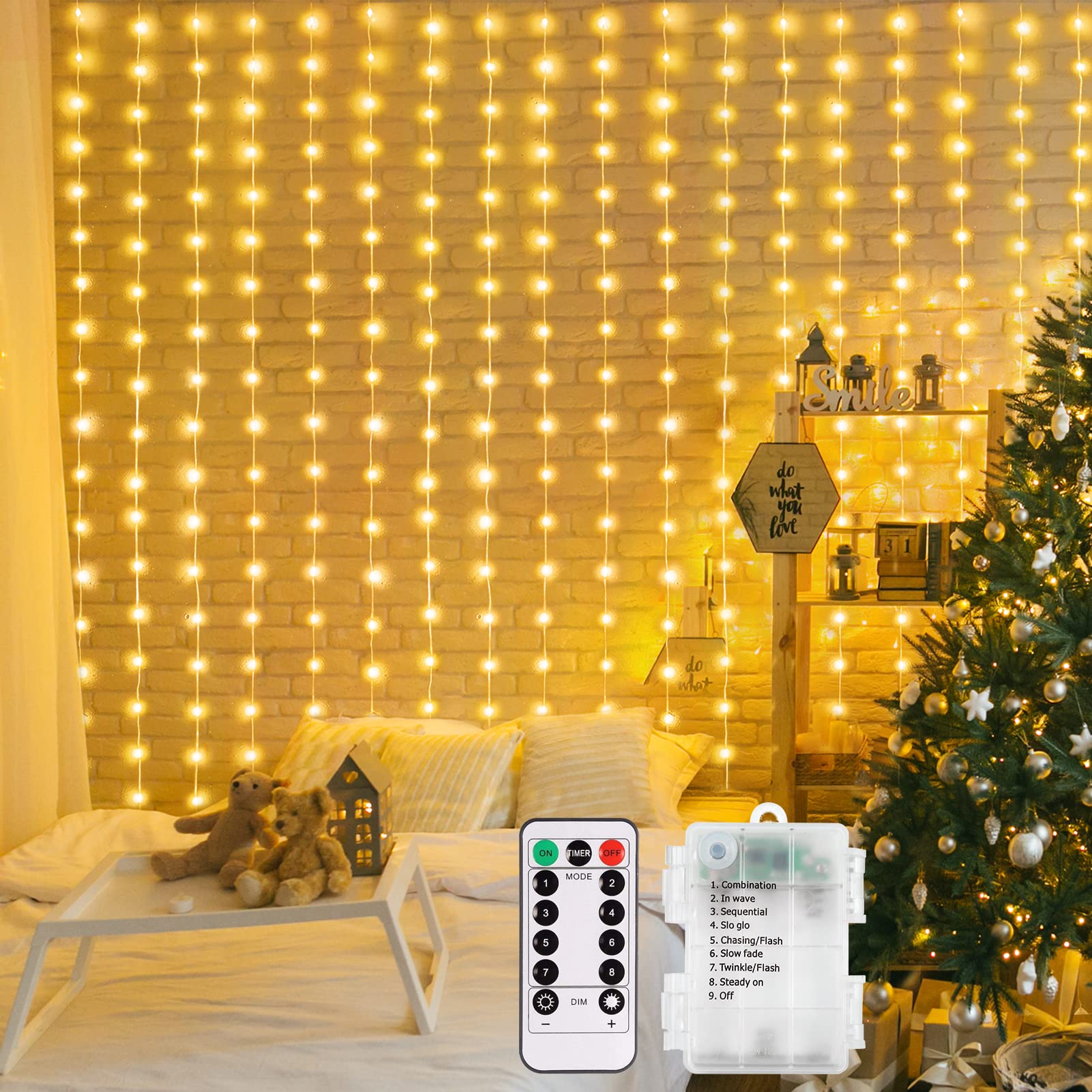 echosari Battery Operated Curtain String Lights, 200 LED, 6.6x6.6ft, Warm White, Remote Control, 8 Modes, Waterproof for Indoor/Outdoor Decor