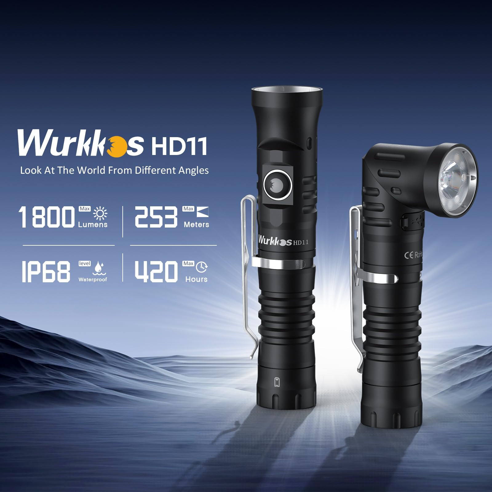 Wurkkos HD11 Right Angle Flashlight - 1800 Lumens, IP68 Waterproof, Black