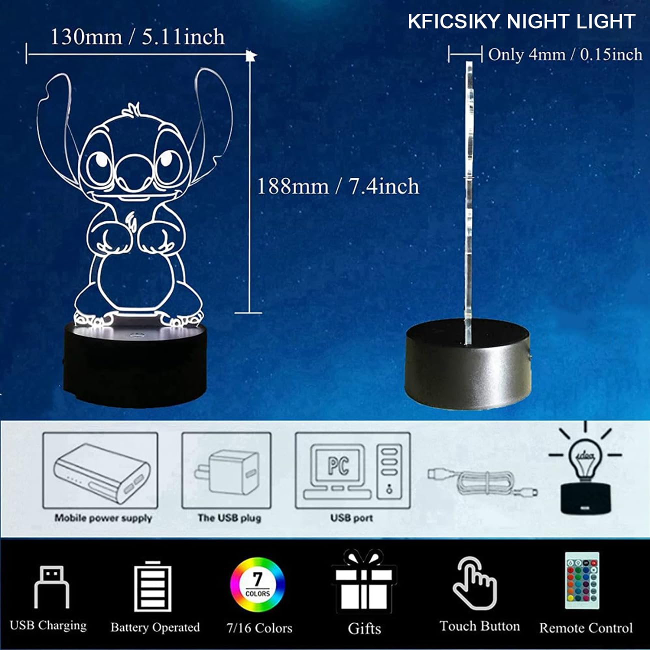 KFICSIKY 3D LED Stitch Night Light, Multicolor, Remote Touch, 16 Colors, 3.94x4.72x8.27 inches, Model F0726,