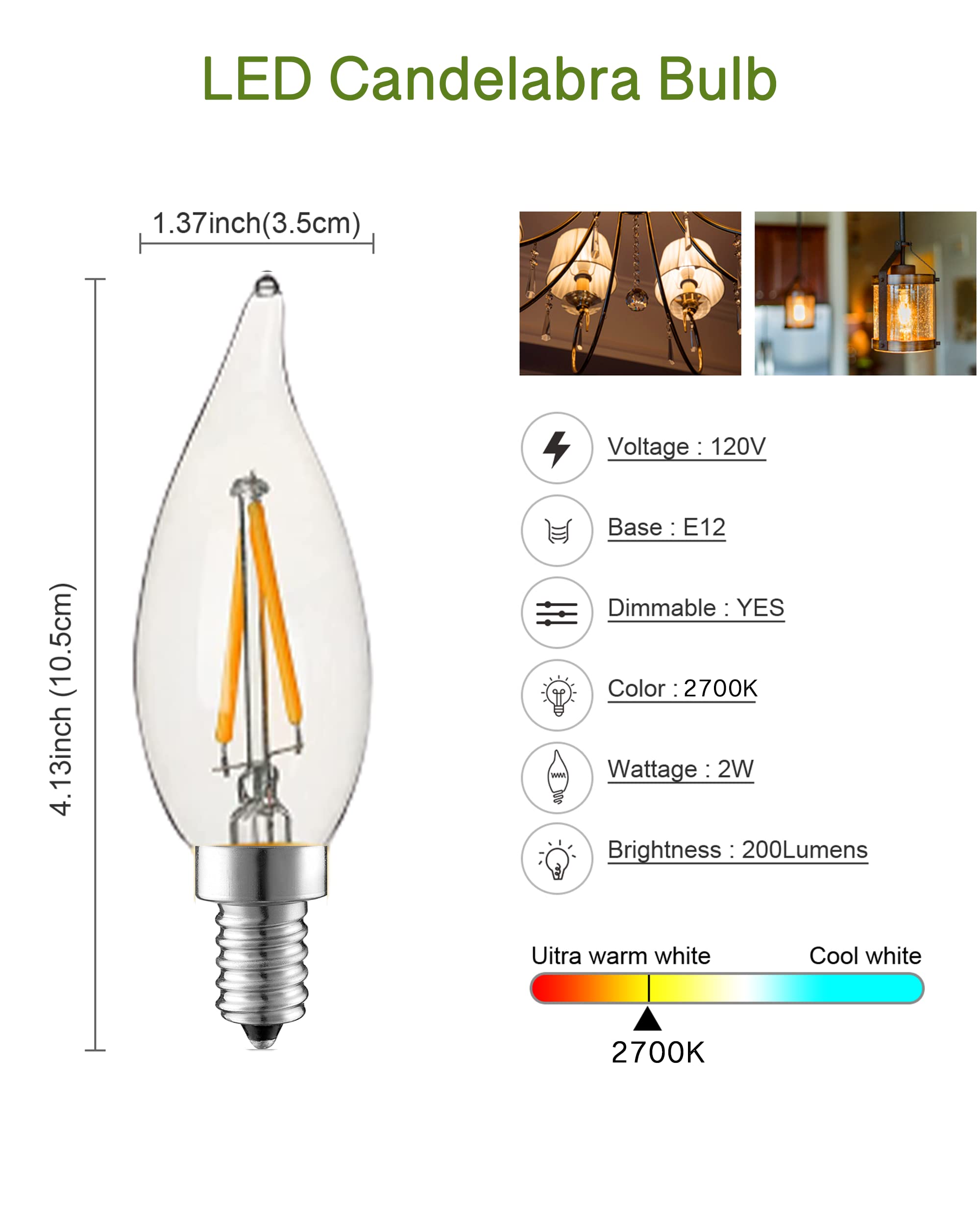 Hmyyjt Dimmable Led Candelabra Bulb 25W Equivalent E12 Led Bulb 2700K Soft Warm White, Chandelier Light Bulbs, 2W 200Lm Flame Ti