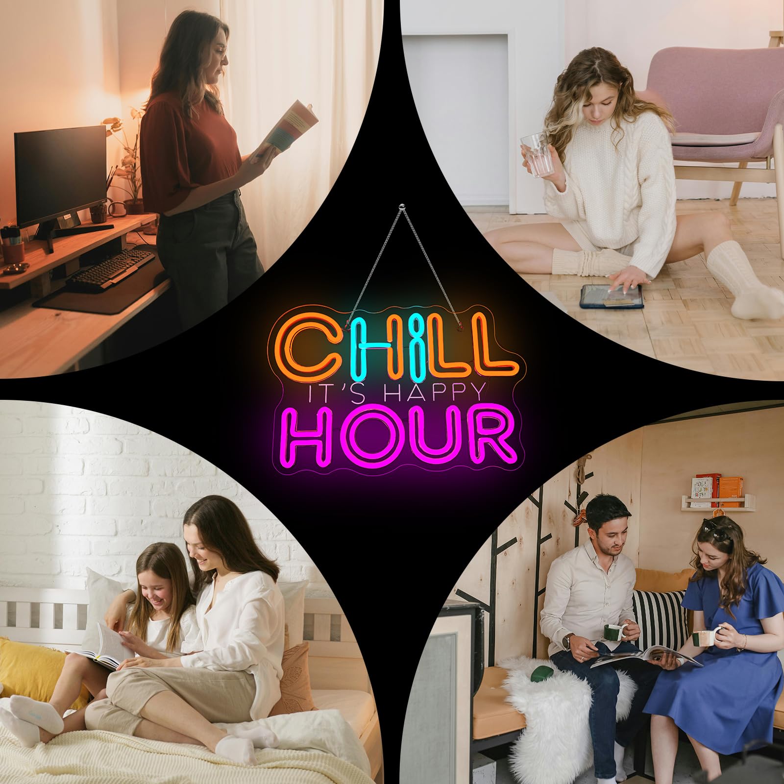 Wanxing CHILL HOUR Neon Sign - Colorful LED Wall Light with inIts Happy Hourin Quote for Bedroom, Dorm, Game Room, Home Party Décor