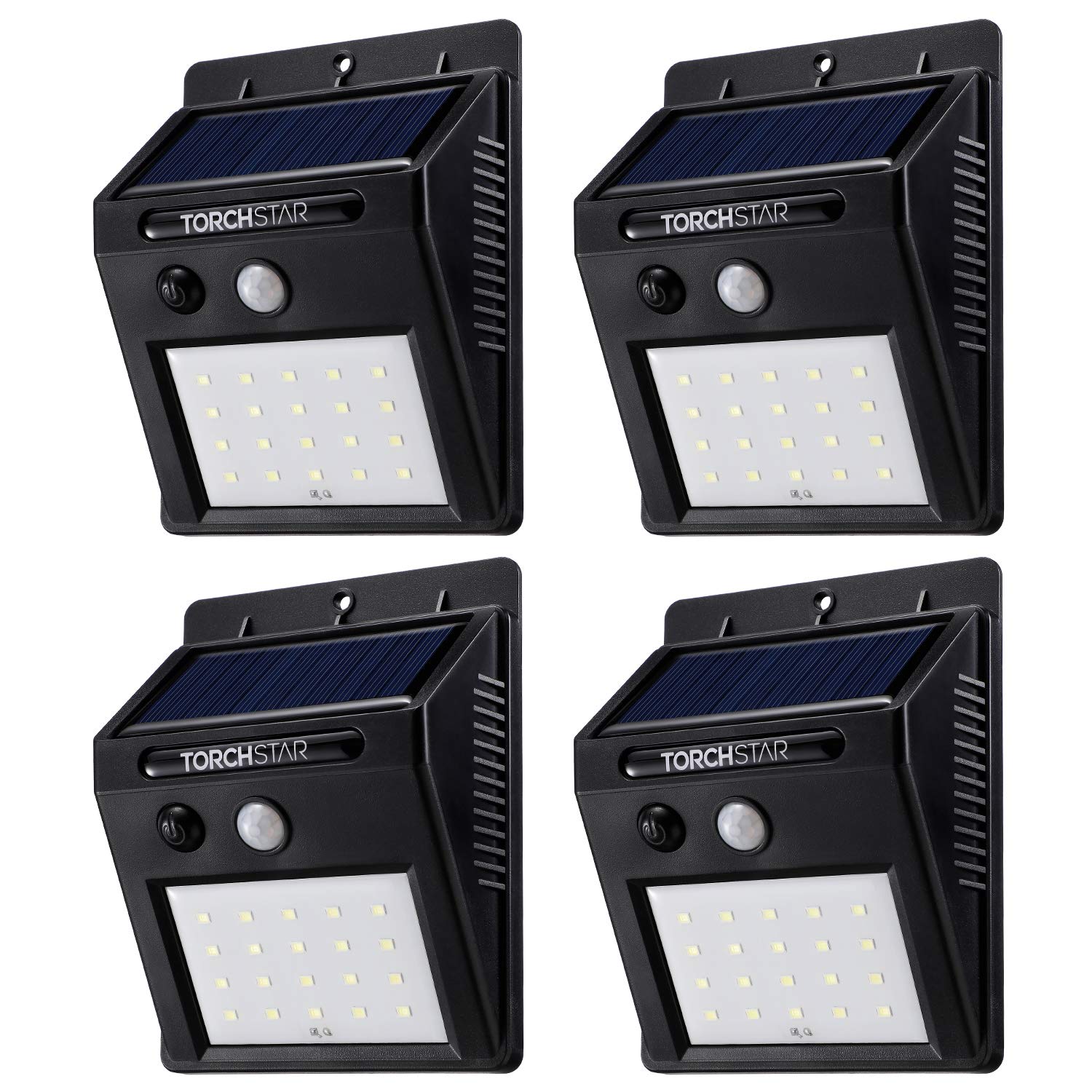 TORCHSTAR Solar Motion Sensor Lights, IP65 Waterproof, 6500K Pure White, Pack of 4, Black, Model R1-ZA1SP-2W60BLK-4