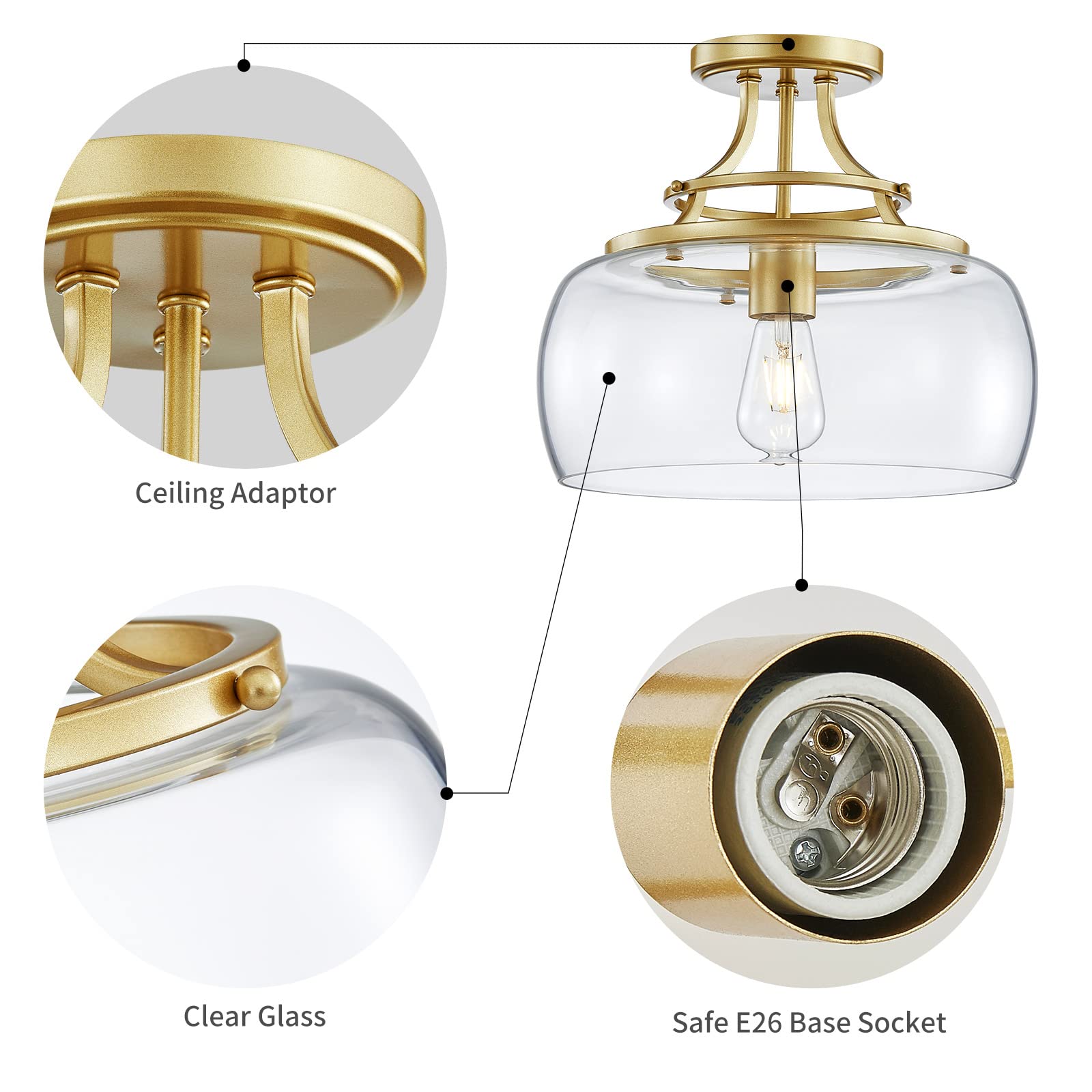 Wuzups Gold Industrial Chandelier Ceiling Light Fixture With Clear Glass Shades, 11.8&quot; H X 13.4&quot; W