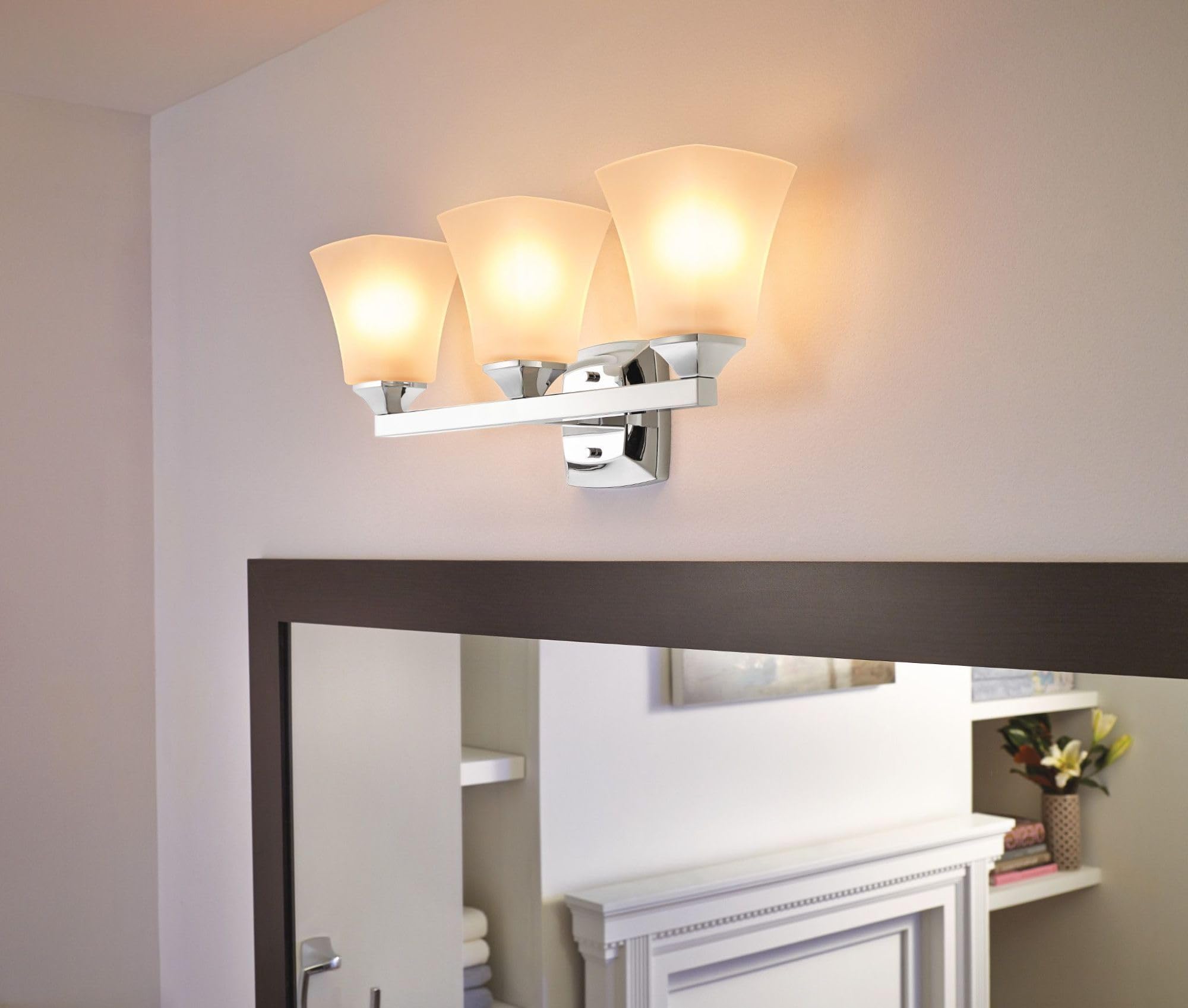 Moen Voss 3-Light Bath Vanity Fixture, Chrome, Frosted Glass, Model YB5163CH, 7.24 x 9.61 x 26.89 inches