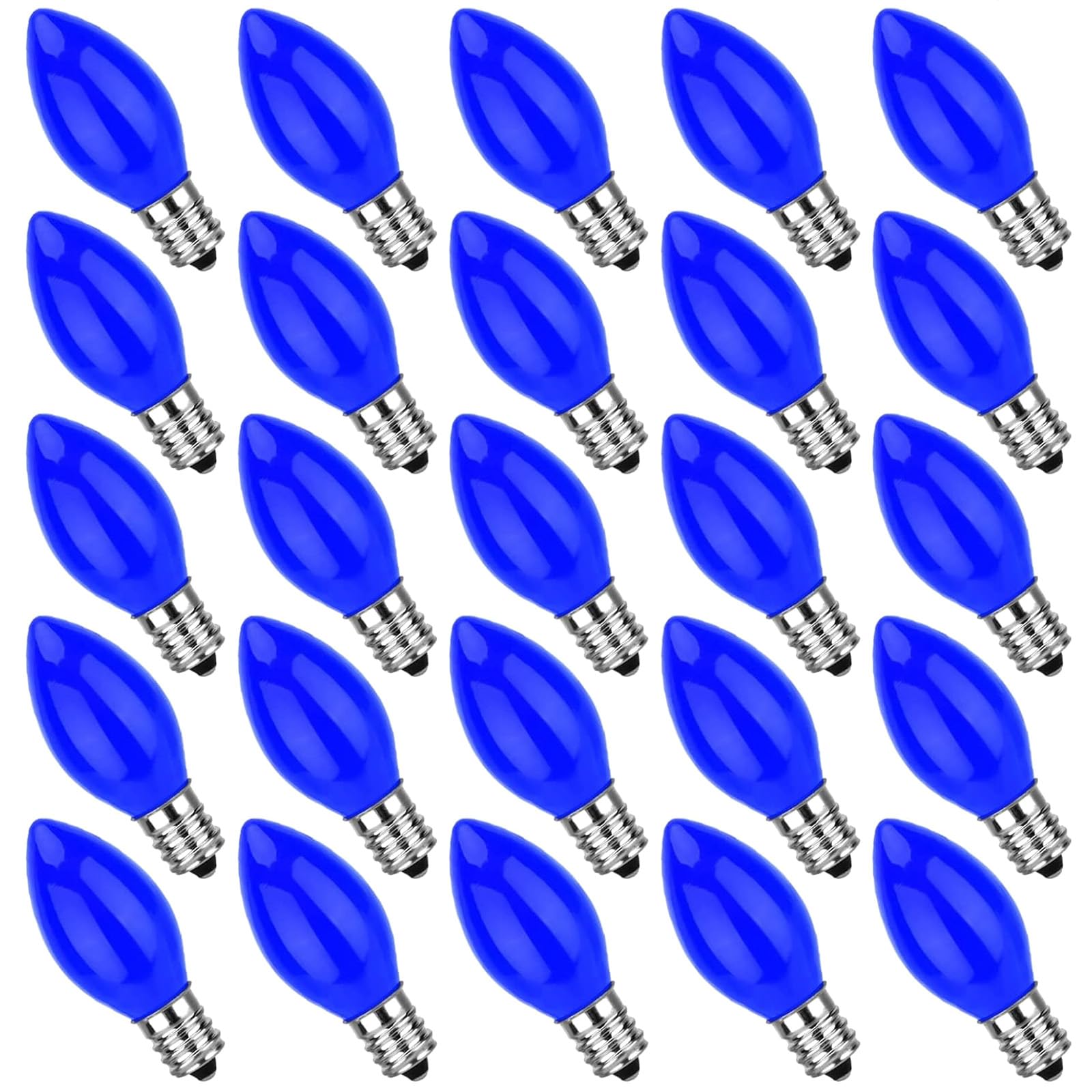 Bokoiuu C7 Replacement Light Bulbs, 25 Pack Christmas Blue Night Bulbs, C7/E12 Candelabra Base For Outdoor String Light Incandes