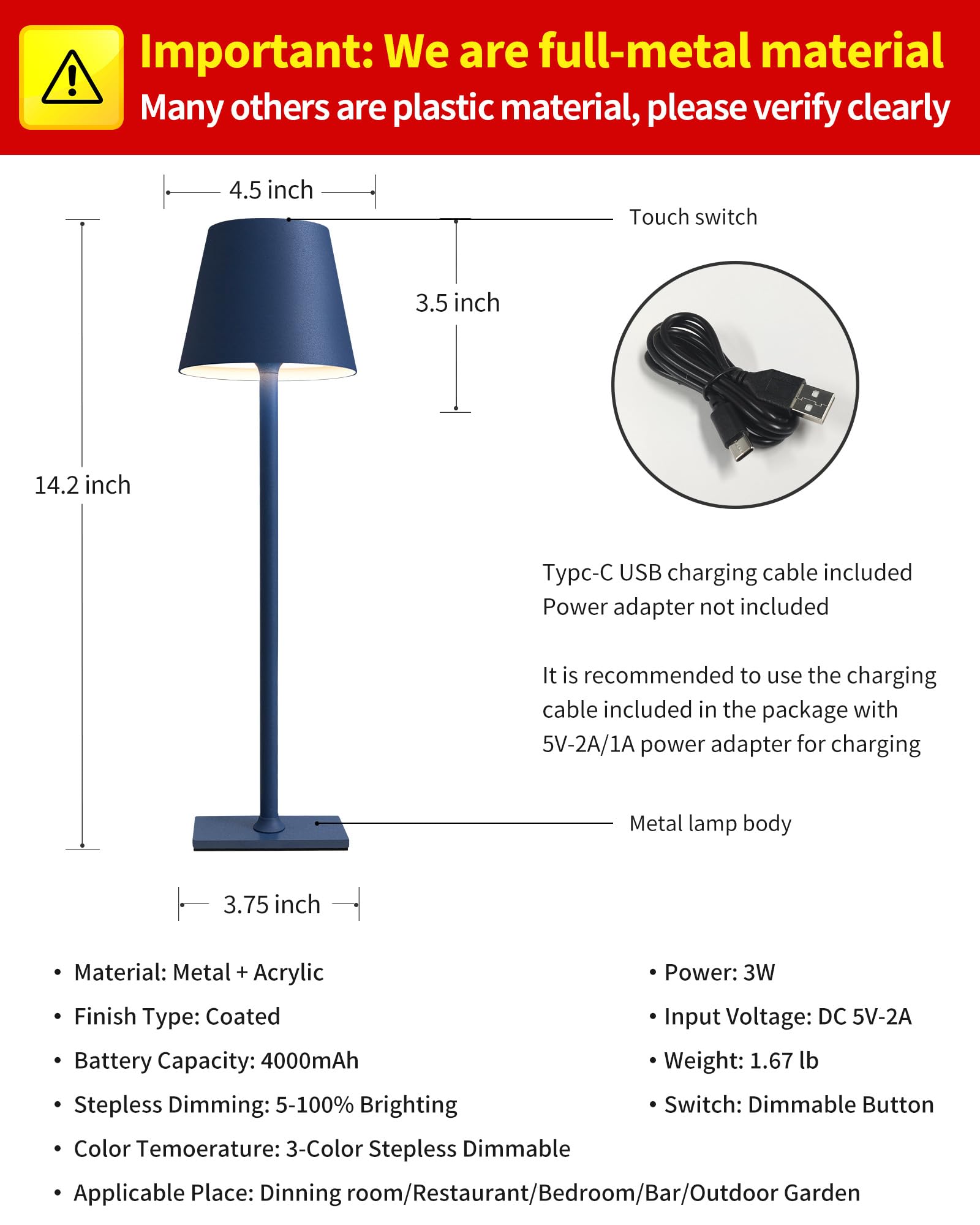 KDG Cordless Table Lamp, 5000mAh Battery, 3 Color Dimming, Portable LED Night Light, Blue, Model AMZ-TBL-003-2-Bl
