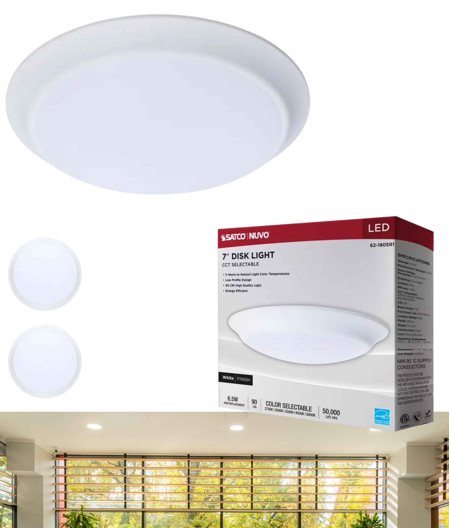 Satco 62-1805R1 7 Inch LED Disk Light, 6.5W, CCT Selectable 2700K-5000K, 615 Lumens, Triac Dimmable, 90 CRI, Wet Rated, Closet C