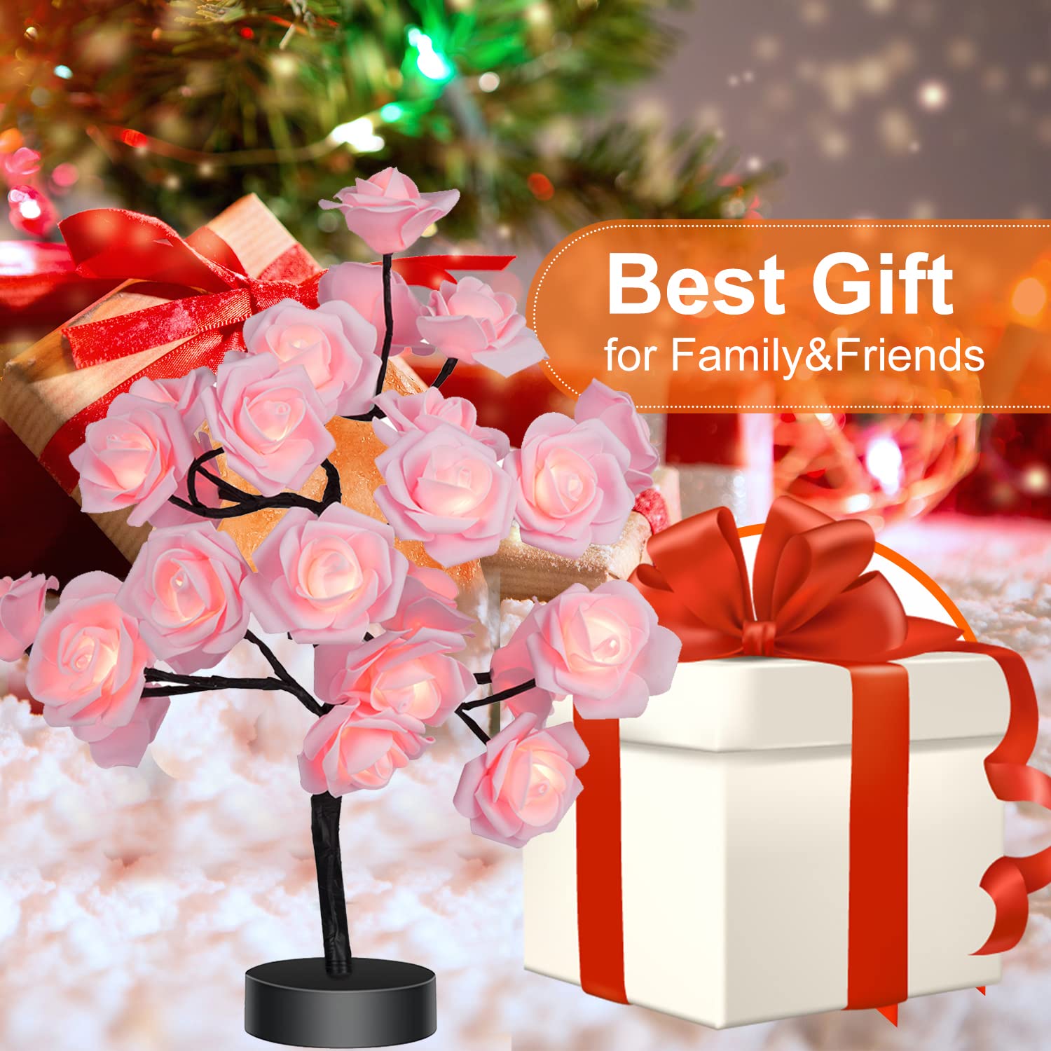 COLORLIFE Large Pink Flower Rose Tree Lamp - Metal Room Decor for Bedroom, Living Room, Mother's Day Gift