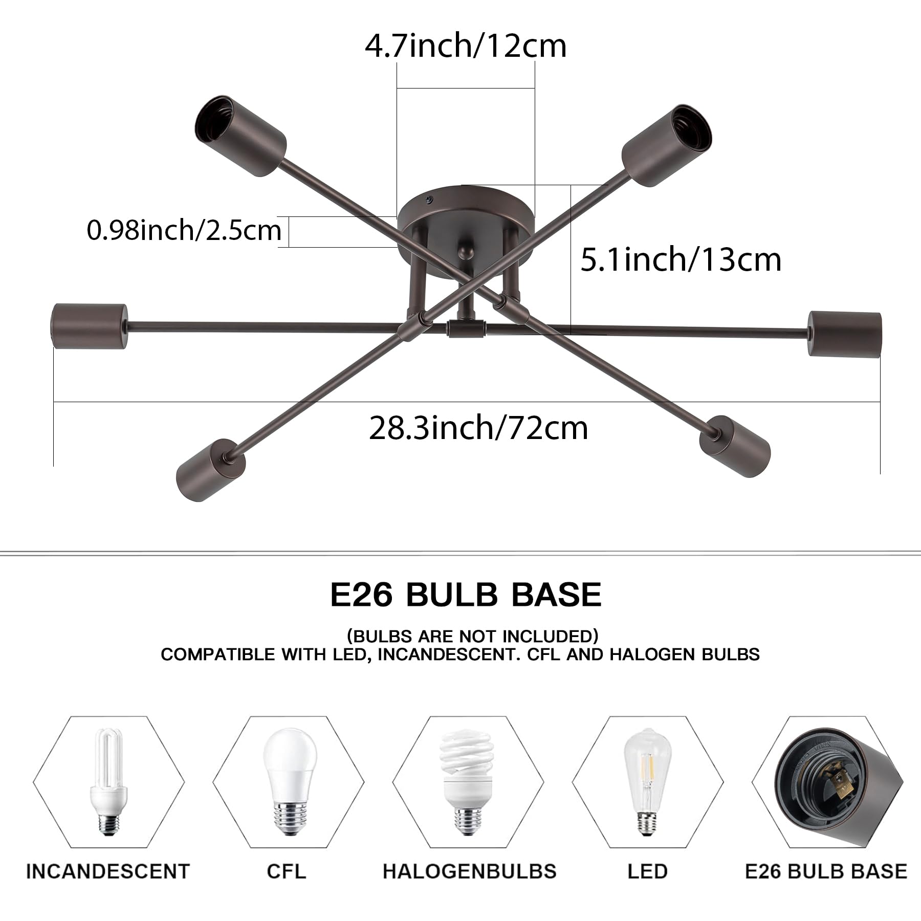 Brknit 6-Light Sputnik Chandeliers, Oil Rubbed Bronze Modern Semi Flush Mount Ceiling Light With E26 Base, Mid Century Industria
