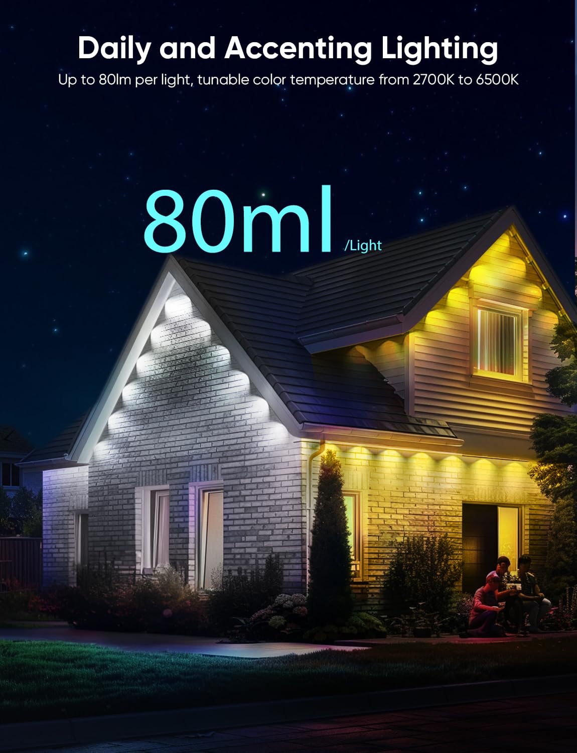 APPECK 200ft Permanent Outdoor Lights Pro, 144W RGBCW, IP67 Waterproof, Black, Model C5106-A, 111 Scene Modes