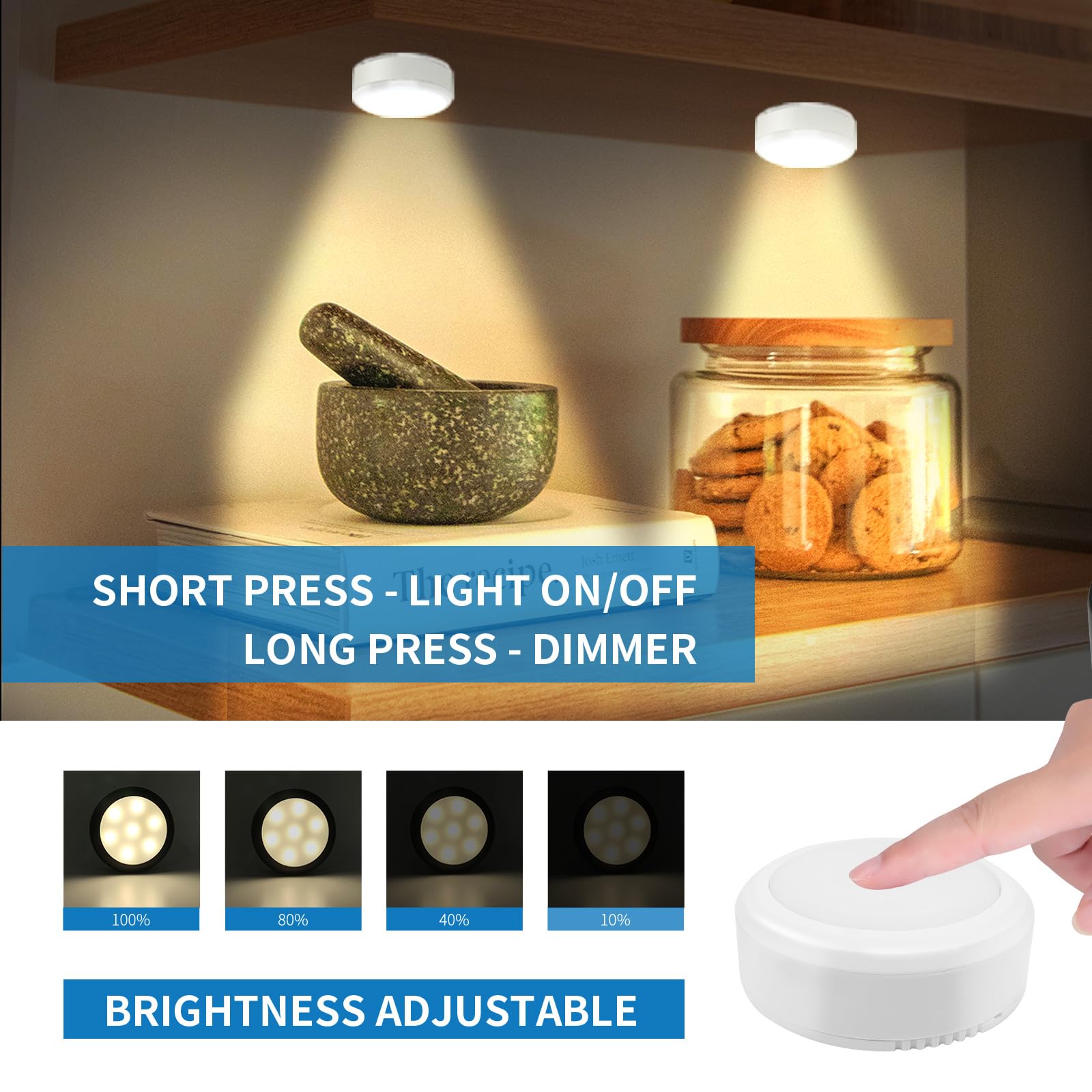 Leastyle Puck Lights With Remote, Battery Operated Under Cabinet Lighting With Dimmable Timer, 3000K Stick-On Closet Light Under