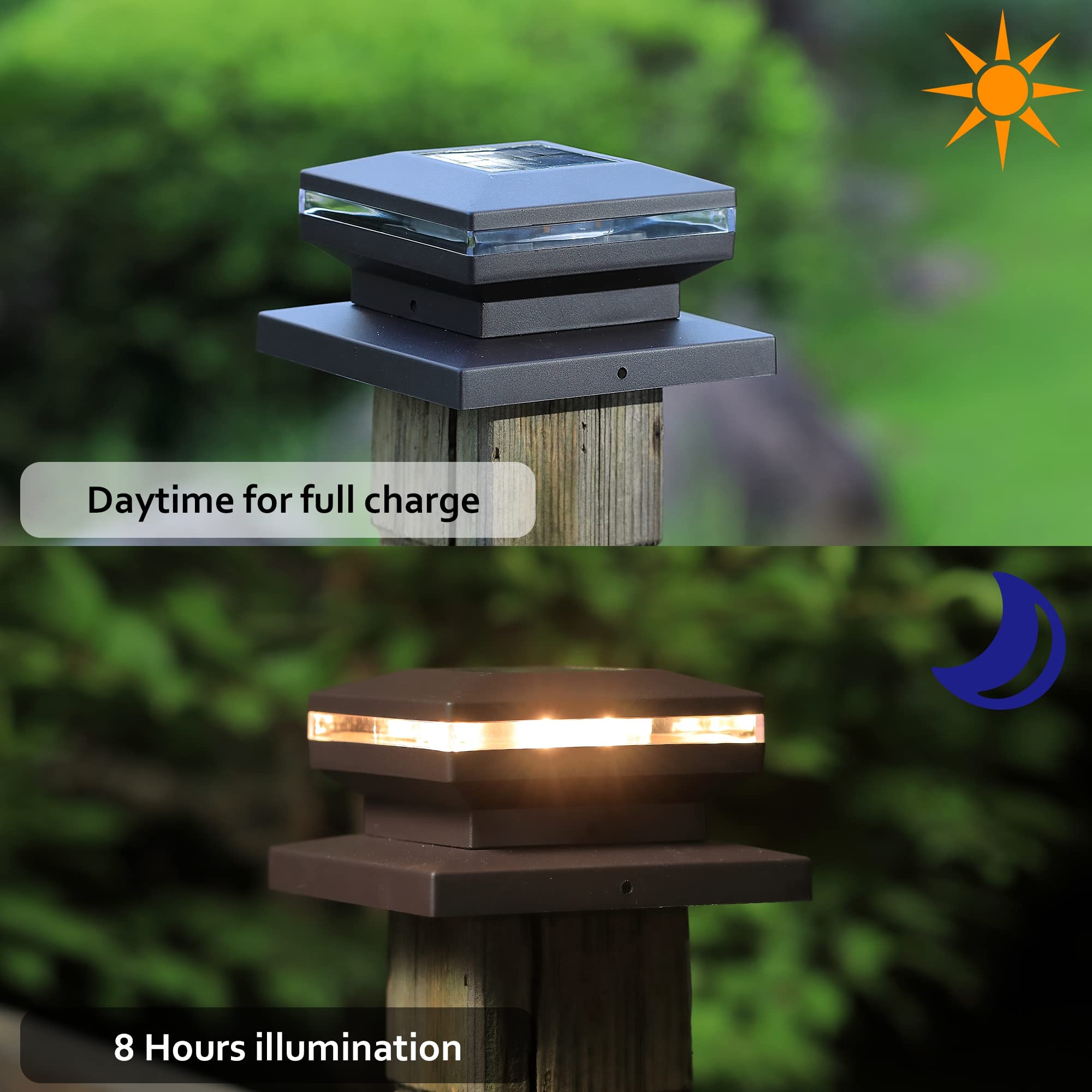 Dynaming 4 Pack Solar Post Lights, Outdoor Decorative Post Cap Light, Solar Powered Black Shell Caps, Brightness Warm White Led