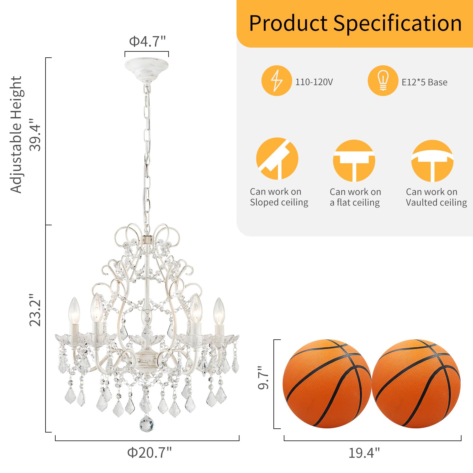 Wuzups 5-Light Crystal Candle Chandelier Pendant Ceiling Light Modern Lighting Fixture For Bedroom Hallway Bar Kitchen Bathroom  H 23.2 W 20.7  E12 Base  Rustic White