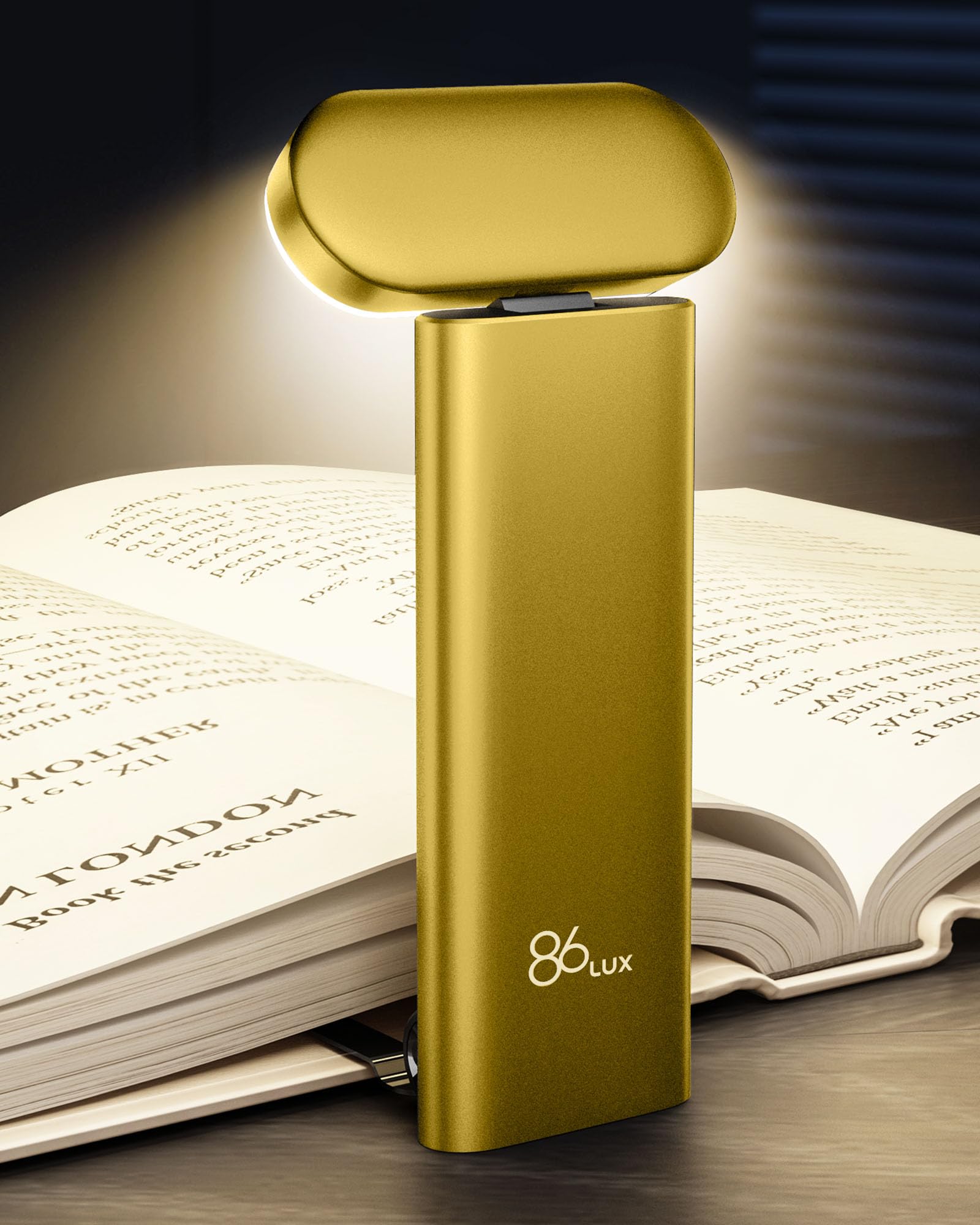 86lux LED Book Light, USB Rechargeable, 3 Colors & Dimming, Bookmark Light, Model OK25, Yellow
