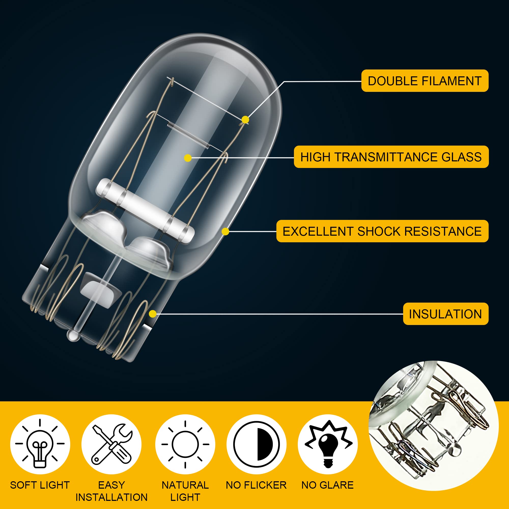Meonum 7443 Brake Light Bulb - T20 1891, Yellow, 0.79in x 1.69in, 10 Pcs for Cars, Trucks, DR