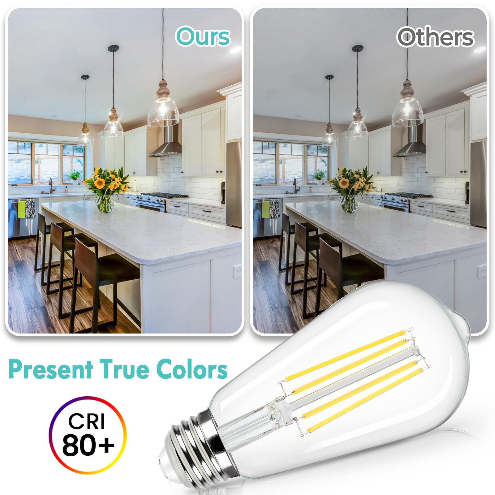 Brightever E26 Led Edison Bulbs 60 Watt Equivalent, 6W St58 Super Bright 4000K Neutral Daylight White Vintage Bulbs, Clear Glass