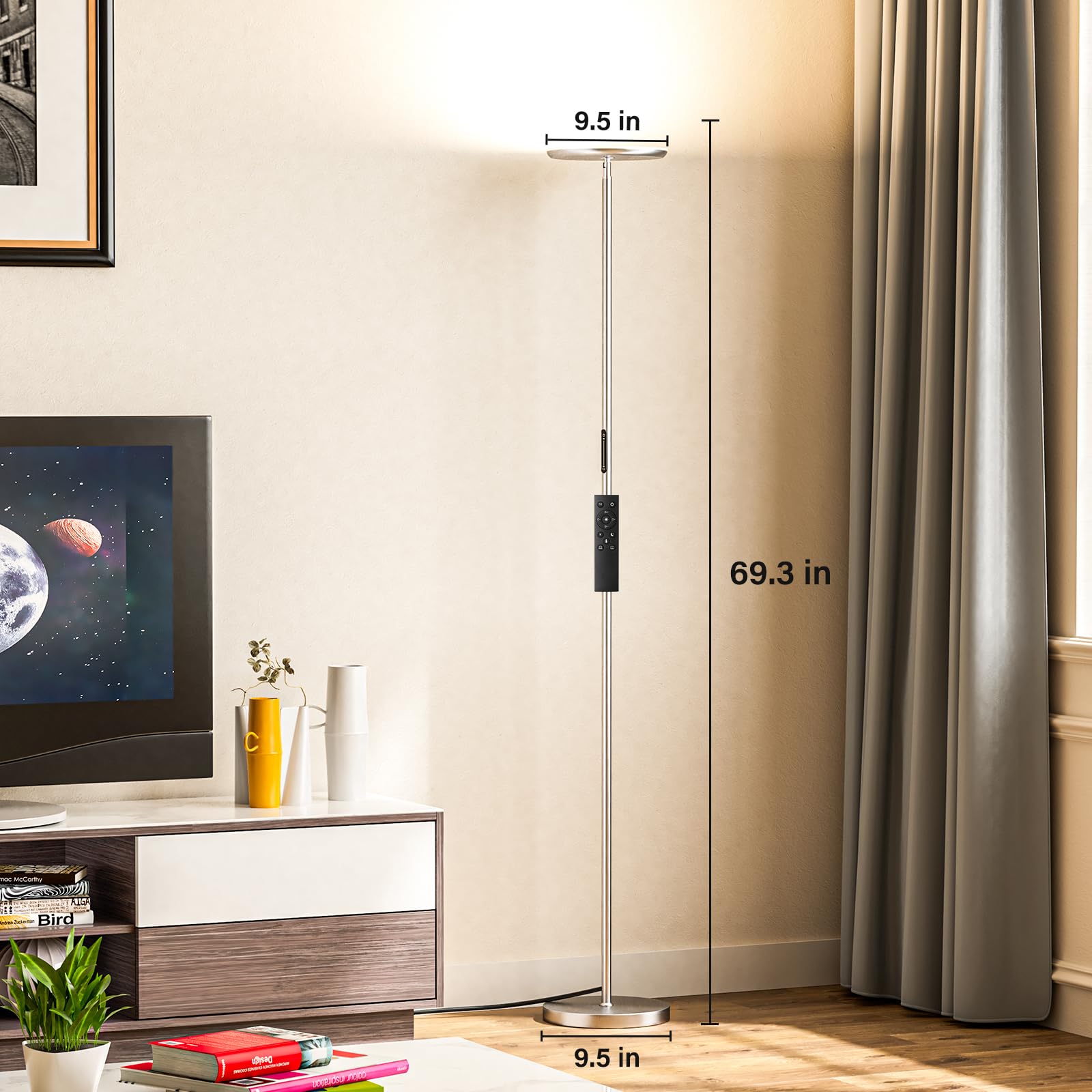 Preeotti Modern Led Floor Lamp - Remote & Touch Control, 36W/1500Lm Sky Torchiere Standing Lamp, Fully Dimmable, 3 Color Tempera