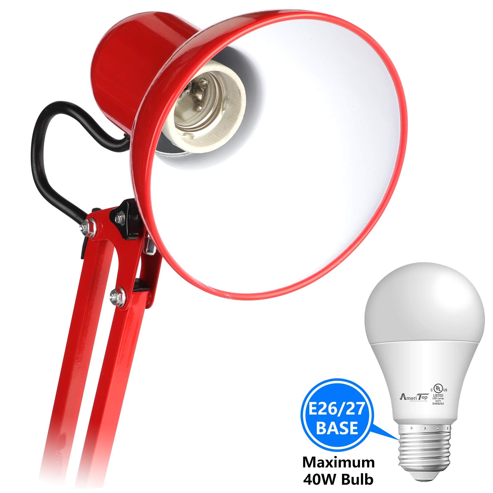 AmeriTop Adjustable Metal Desk Lamp - Goose Neck Swing Arm, Eye-Caring with Interchangeable Base or Clamp, Red