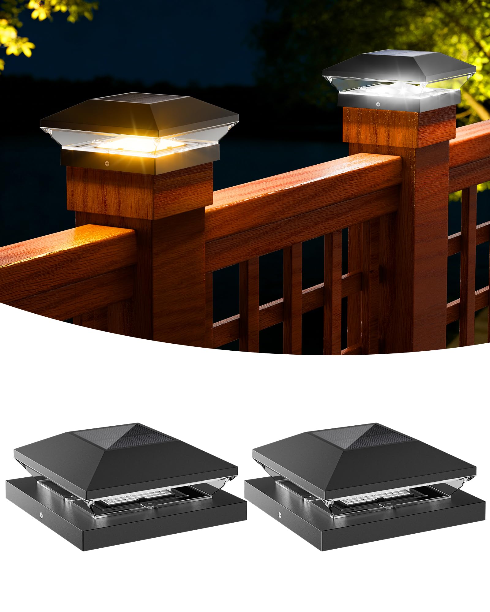T-SUN Solar Post Cap Lights Outdoor 2 Pack, 2 Modes LED Fence Post Solar Lights Fit for 4x4 5x5 6x6 Vinyl/Wooden Posts, Waterpro
