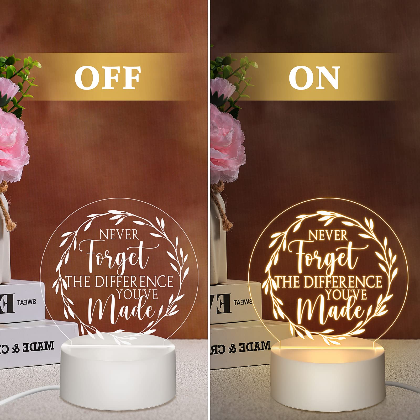 Kigley 6 Pcs Teacher Appreciation Gifts Thank You Gifts For Coworkers Acrylic Inspirational Night Light Led Engraved Lamp Valentine'S Day Gifts For Employee Teachers Social Worker Volunteer(Round)