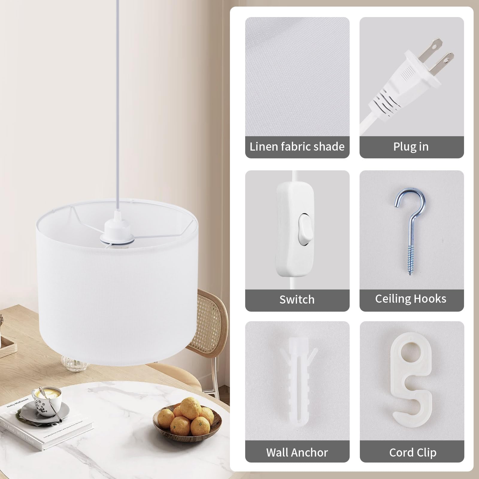 Cckzqyr 2 Pack Plug In Pendant Light, 15 Ft Hanging Lamp With Plug In Cord, On/Off Switch, White Fabric Lamp Shade, Hanging Ligh