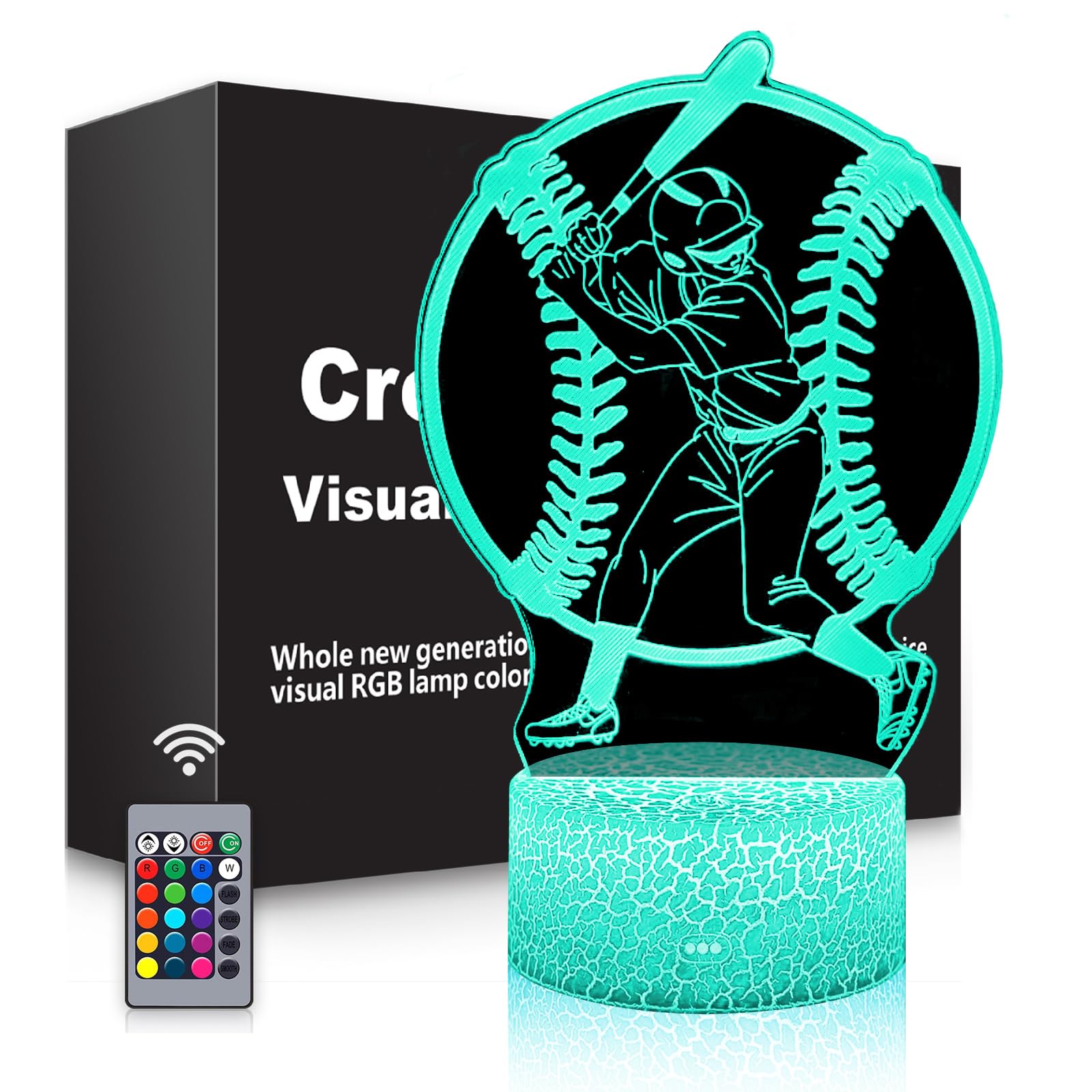 BASSI Baseball Gift 3D Night Light for Kids - 16 Colors & Flashing Modes with Remote Control Opreated Dimmable - Baseball Player