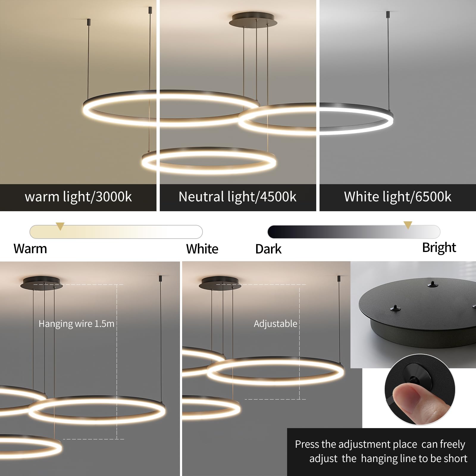 Matven Modern Dimmable Chandelier Light, Remote Control, 3 Color Modes, 15.7+23.6+31.4in, Black, Model KD-YX, Acrylic Material