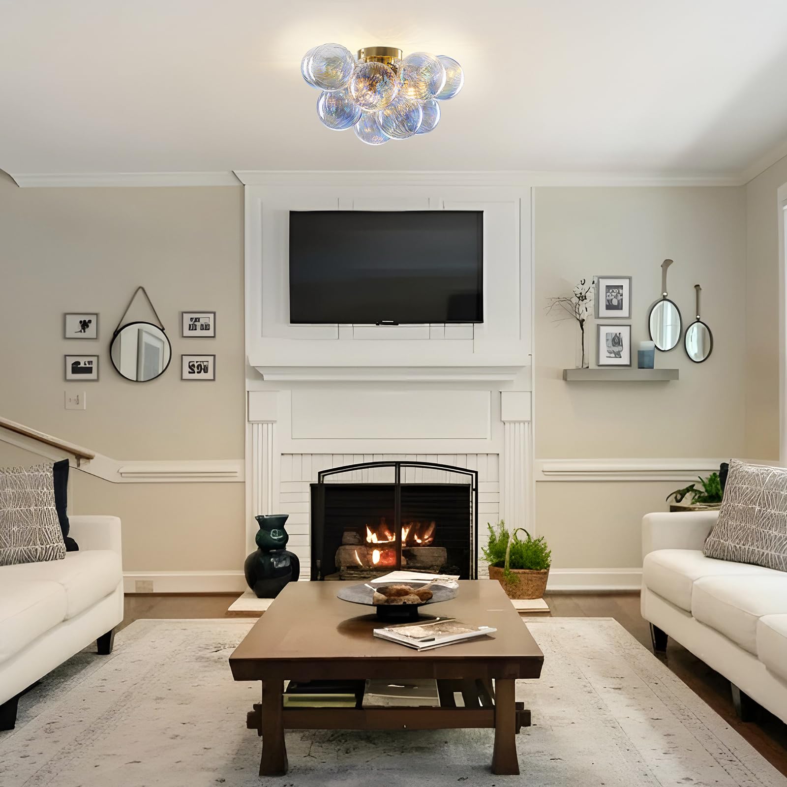 Semi Flush Mount Ceiling Light 18.5-Glass Bubble Chandelier Lighting Modern Hallway Light Fixtures Brushed Gold With 13 Swirled Colorful Globe For Dining Room Kitchen Bathroom Entryway Bedroom